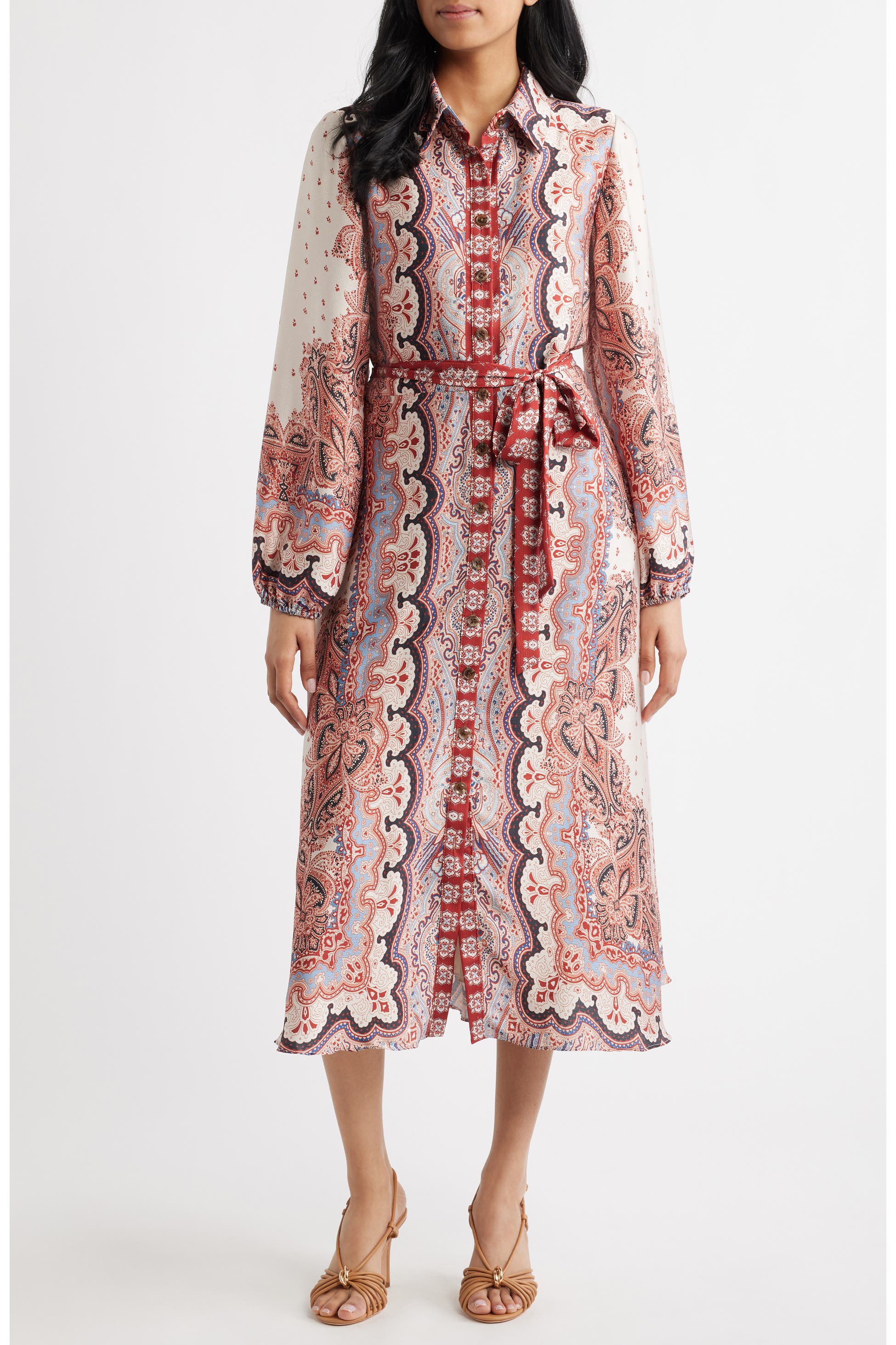 Mixed Paisley Long Sleeve Midi Shirtdress