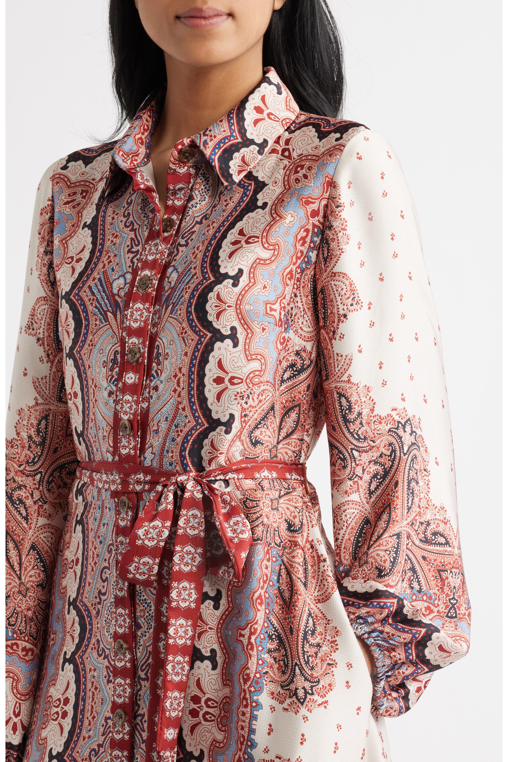 Mixed Paisley Long Sleeve Midi Shirtdress