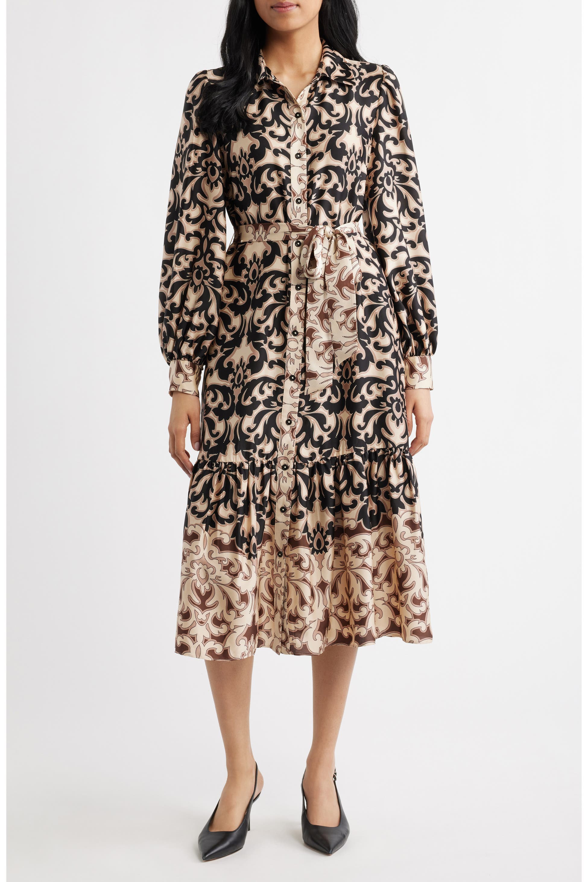 Print Tie Waist Midi Shirtdress
