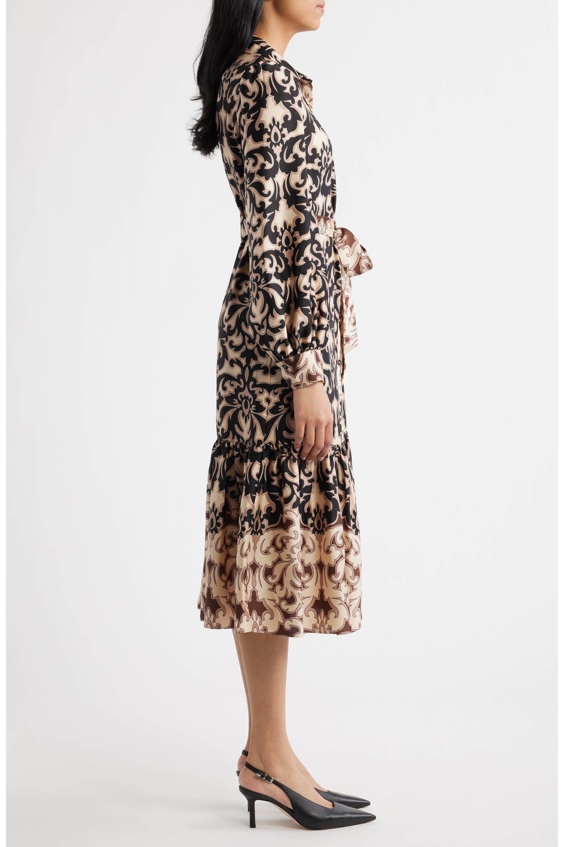 Print Tie Waist Midi Shirtdress