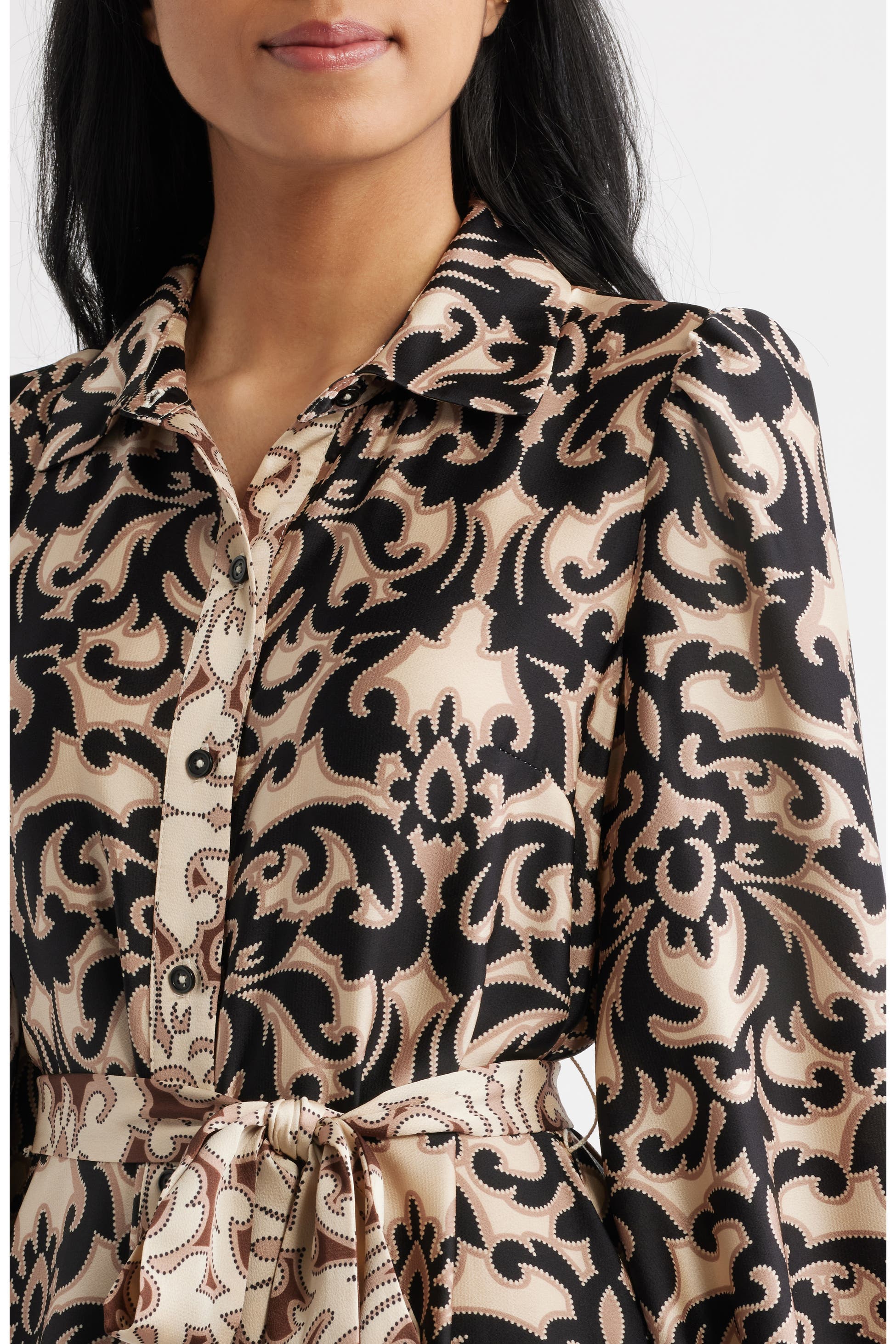 Print Tie Waist Midi Shirtdress