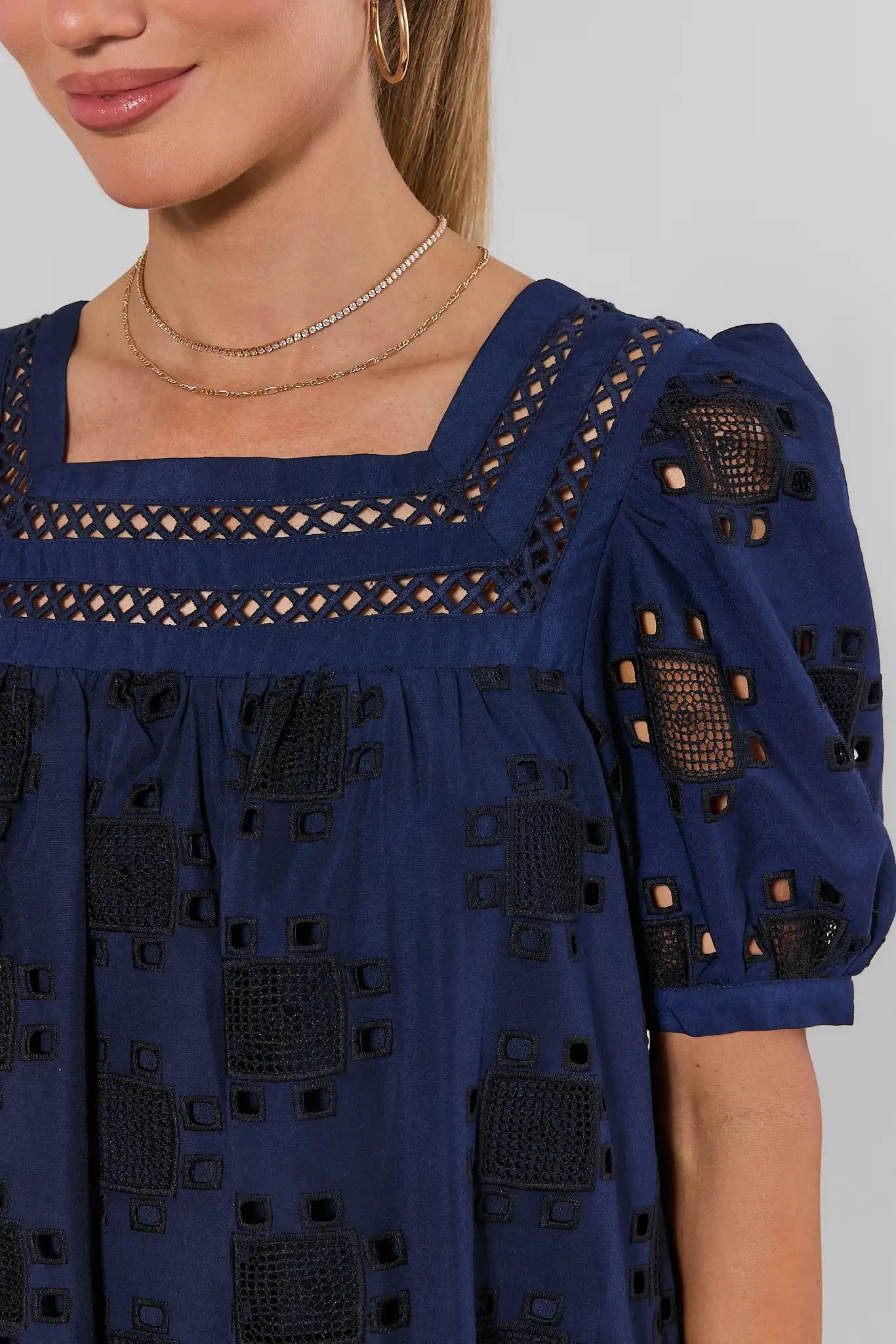 Navy Eyelet Square Neck Short Dress