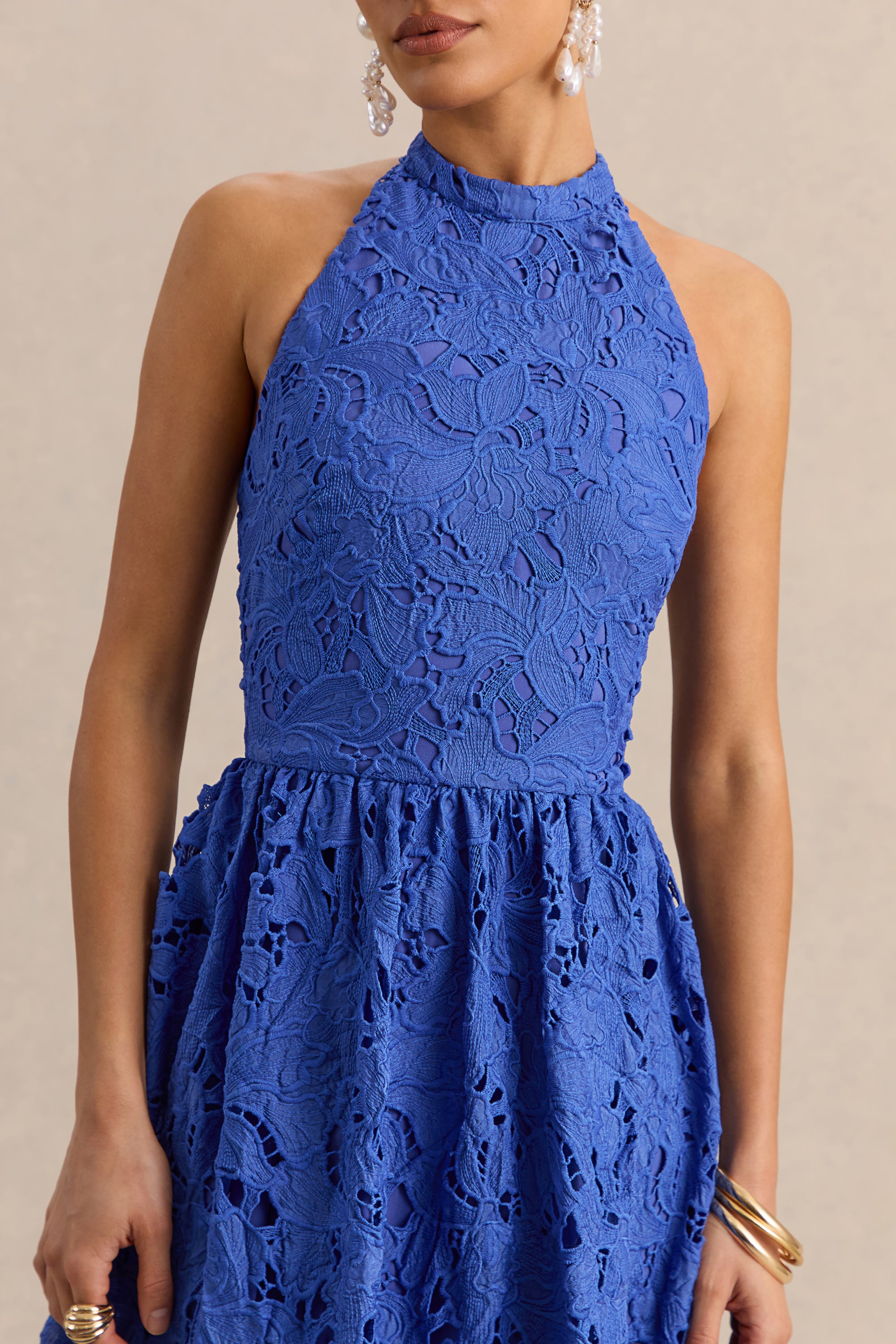 Dark Blue Broderie Halter-Neck Maxi Dress