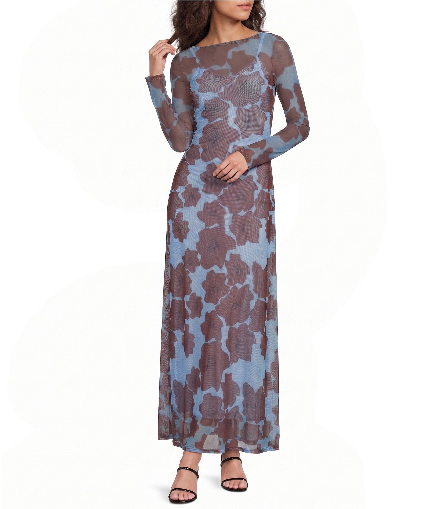 Floral Printed Boat Neck Long Sleeve Dress