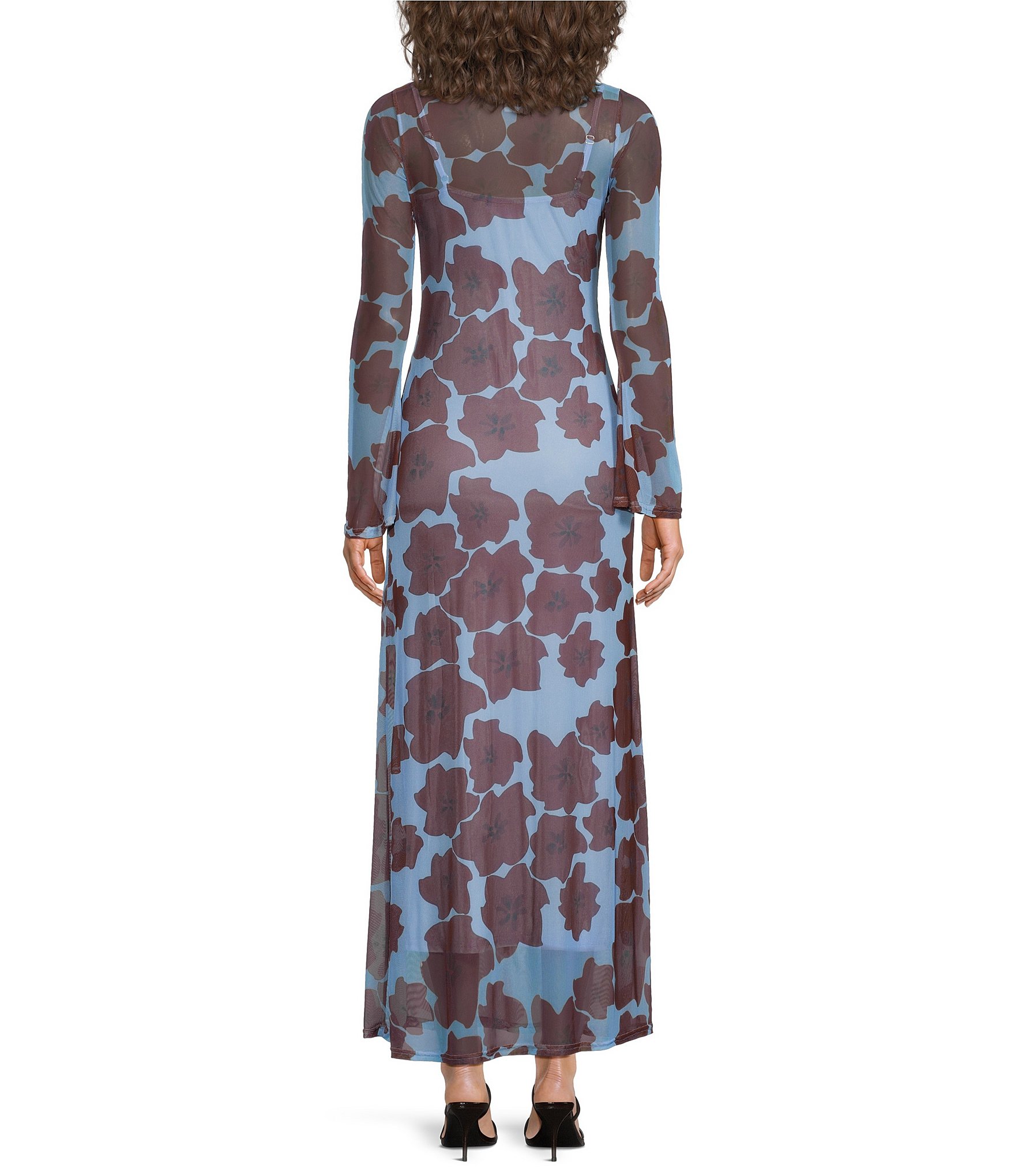 Floral Printed Boat Neck Long Sleeve Dress