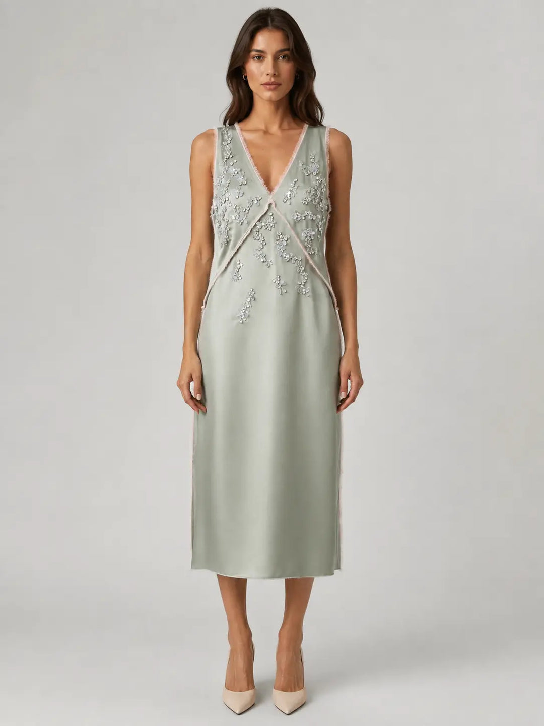 Embellished V-Neck Midi Dress