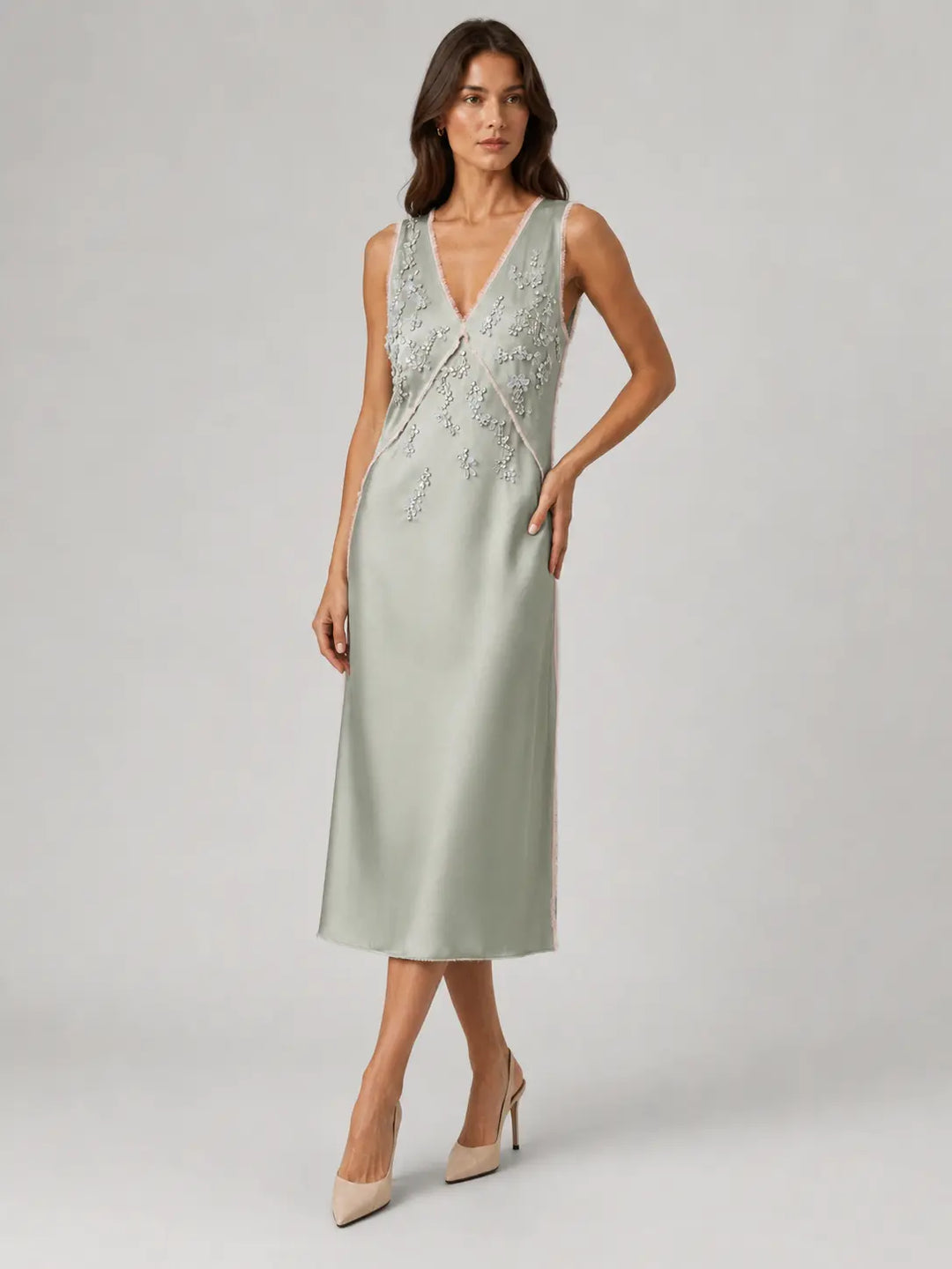 Embellished V-Neck Midi Dress