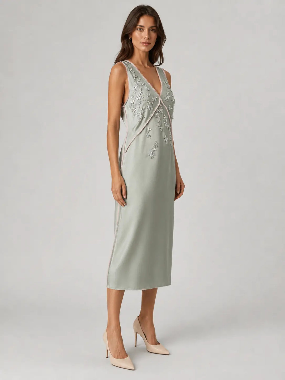 Embellished V-Neck Midi Dress