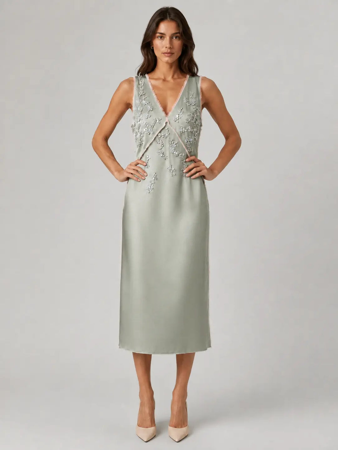 Embellished V-Neck Midi Dress