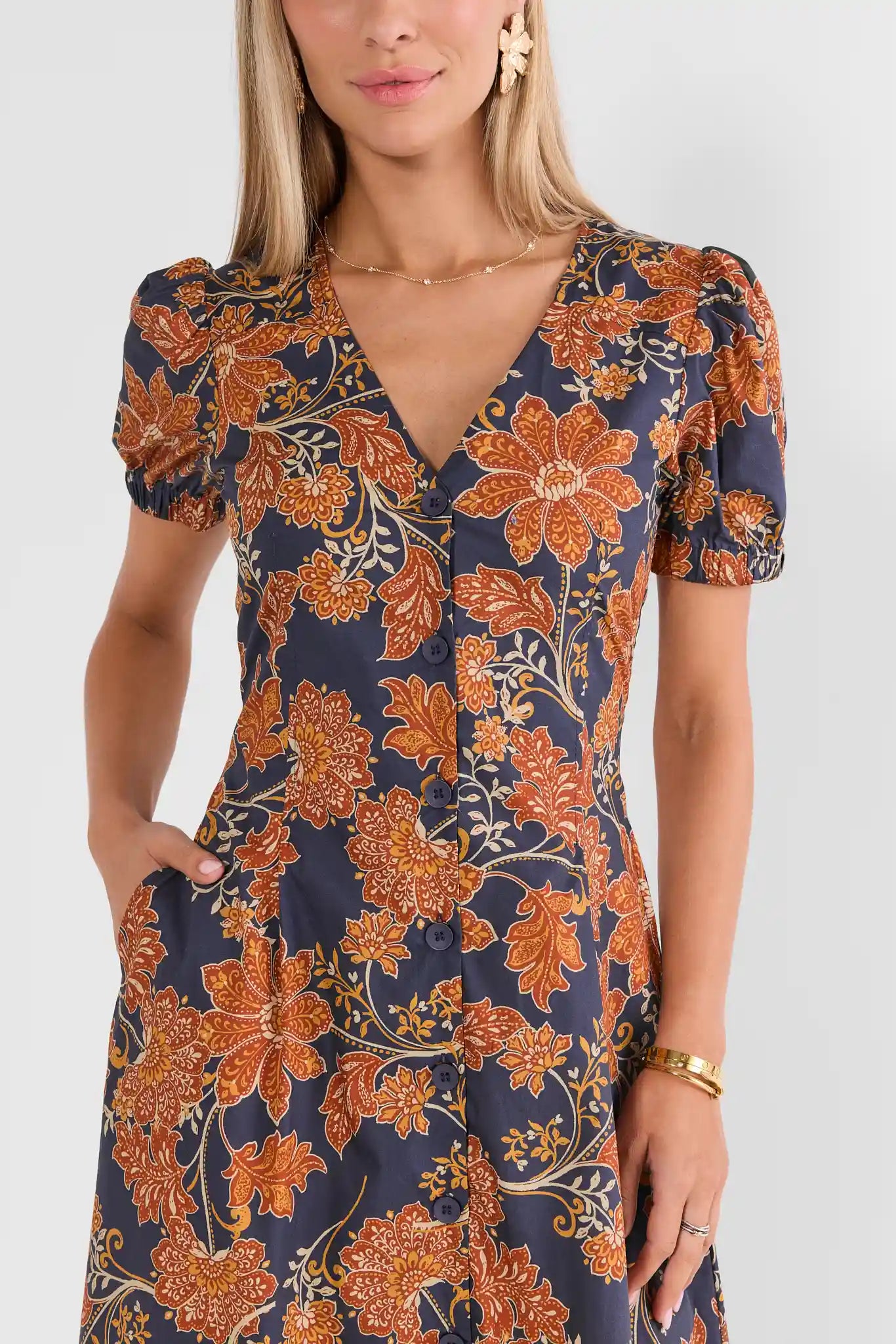 Navy Floral Printed Button Up Midi Dress