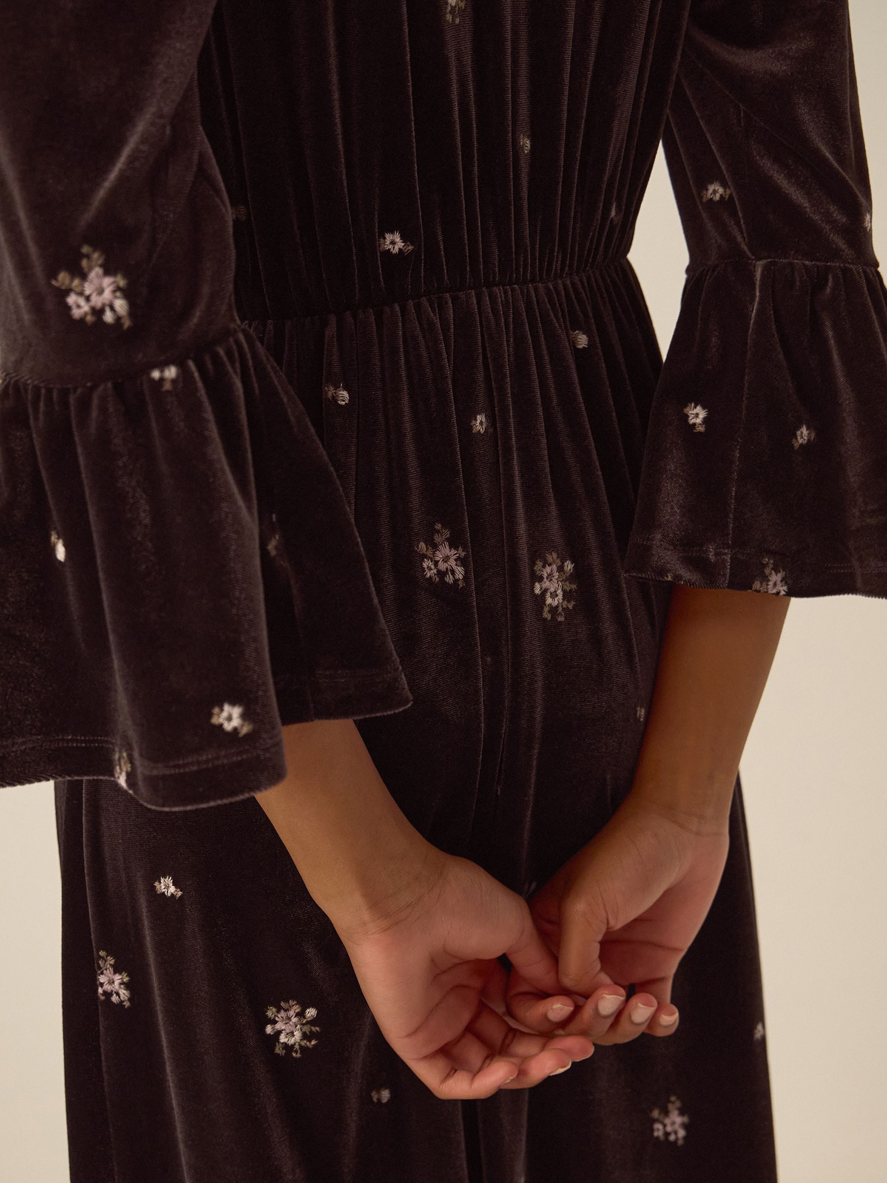 Brown Emilee Floral Embroidered Velvet Midi Dress