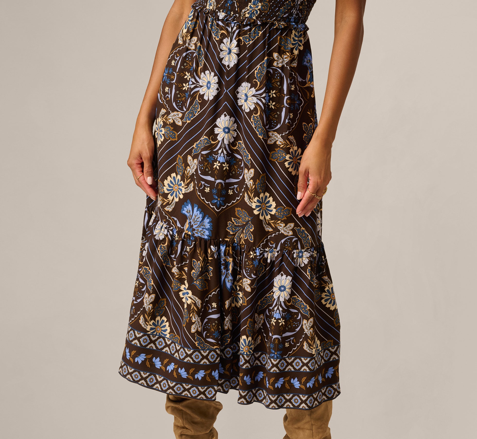 Ruffle Sleeve Floral Scarf Print Midi Dress