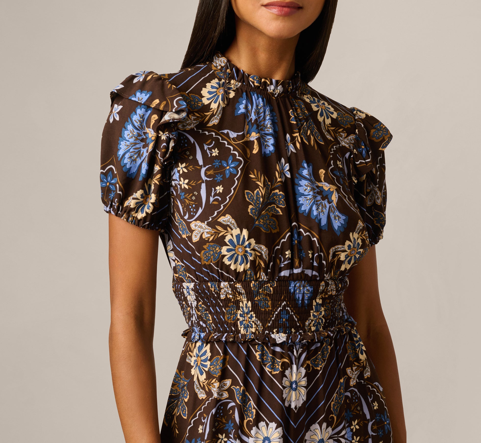 Ruffle Sleeve Floral Scarf Print Midi Dress