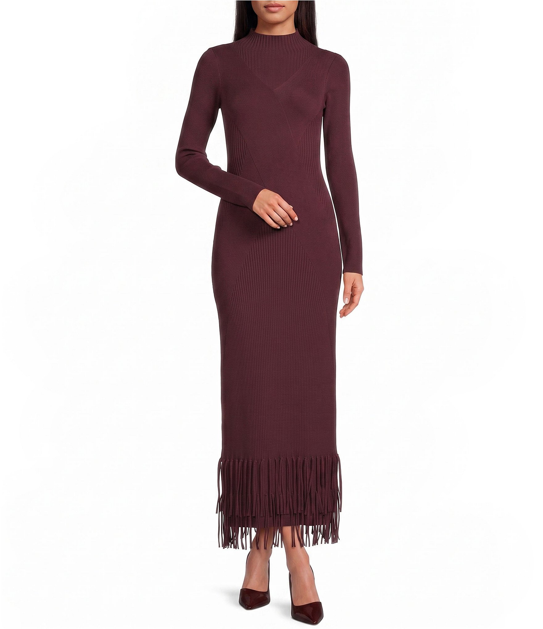 Ribbed Knit Mock Neck Bodycon Tiered Fringe Sweater Dress