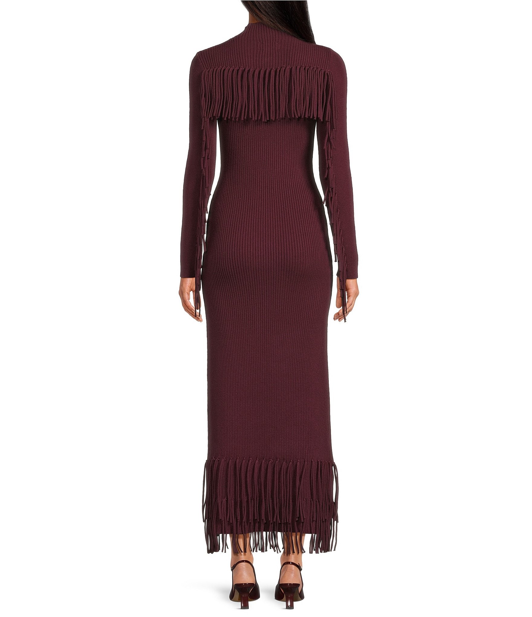 Ribbed Knit Mock Neck Bodycon Tiered Fringe Sweater Dress