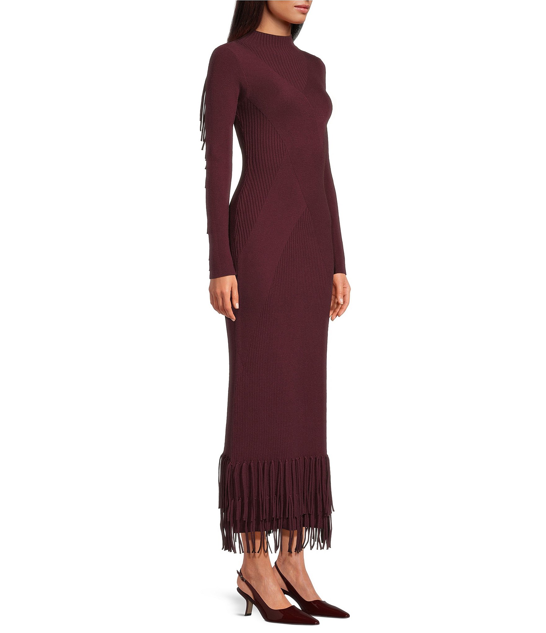 Ribbed Knit Mock Neck Bodycon Tiered Fringe Sweater Dress