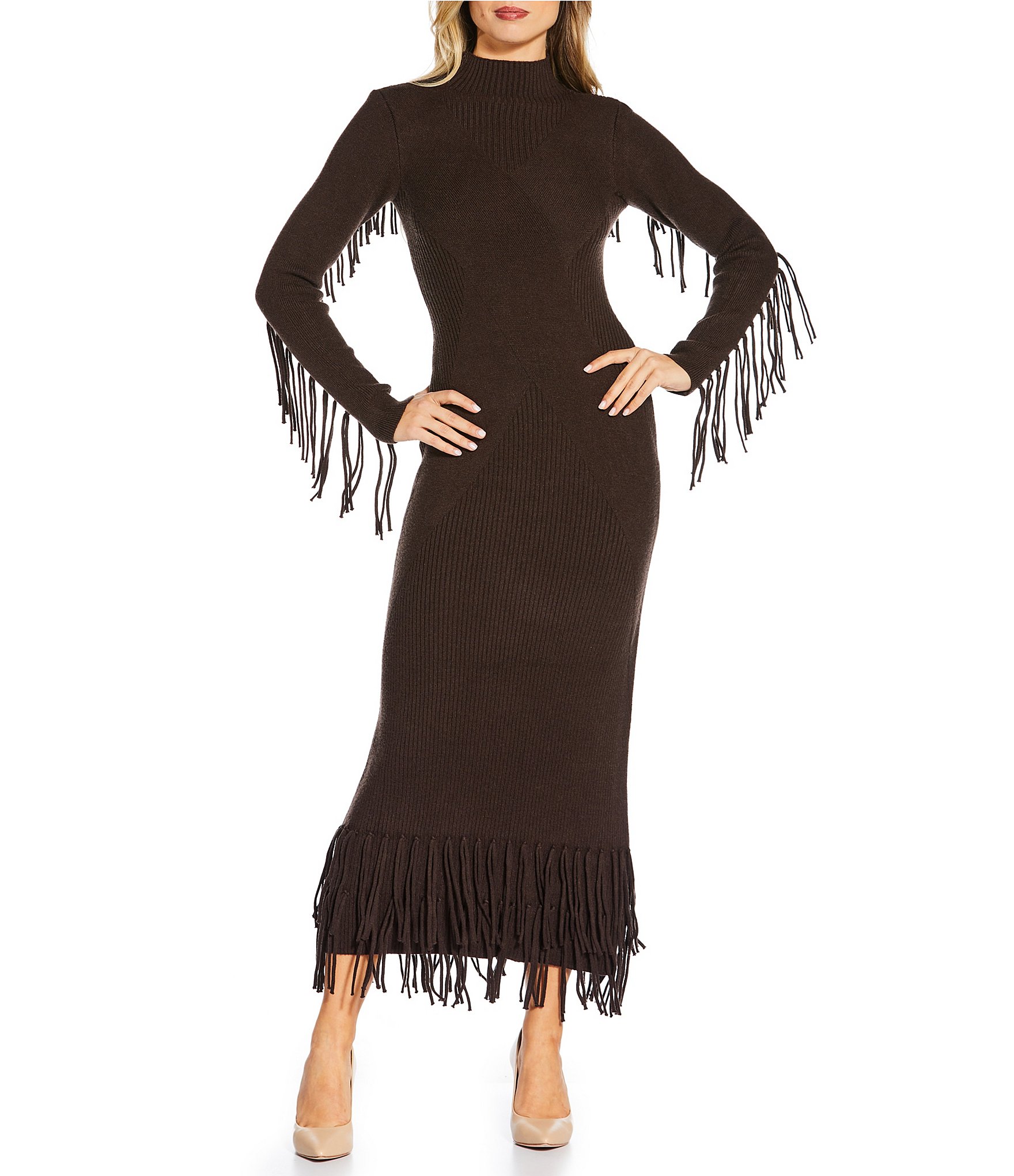 Ribbed Knit Mock Neck Bodycon Tiered Fringe Sweater Dress