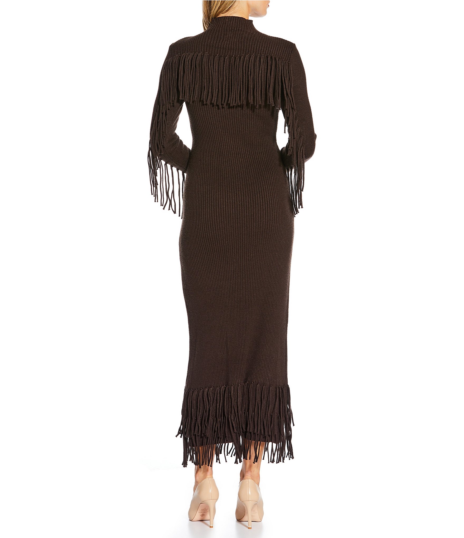 Ribbed Knit Mock Neck Bodycon Tiered Fringe Sweater Dress