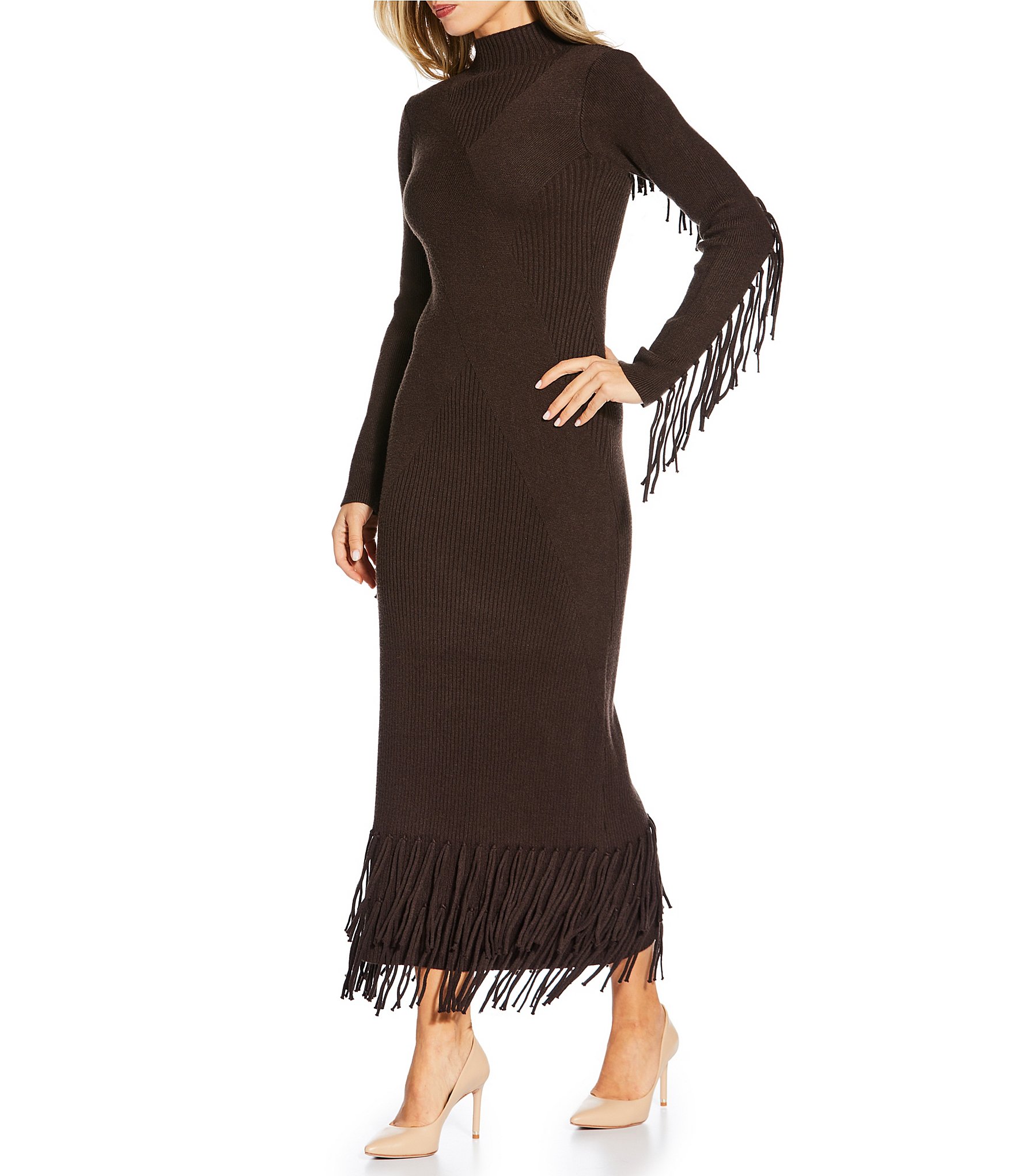 Ribbed Knit Mock Neck Bodycon Tiered Fringe Sweater Dress