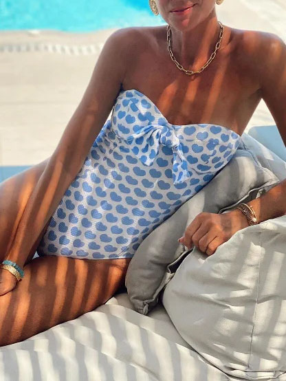 Sweet Heart Print Bow One-piece Swimsuit