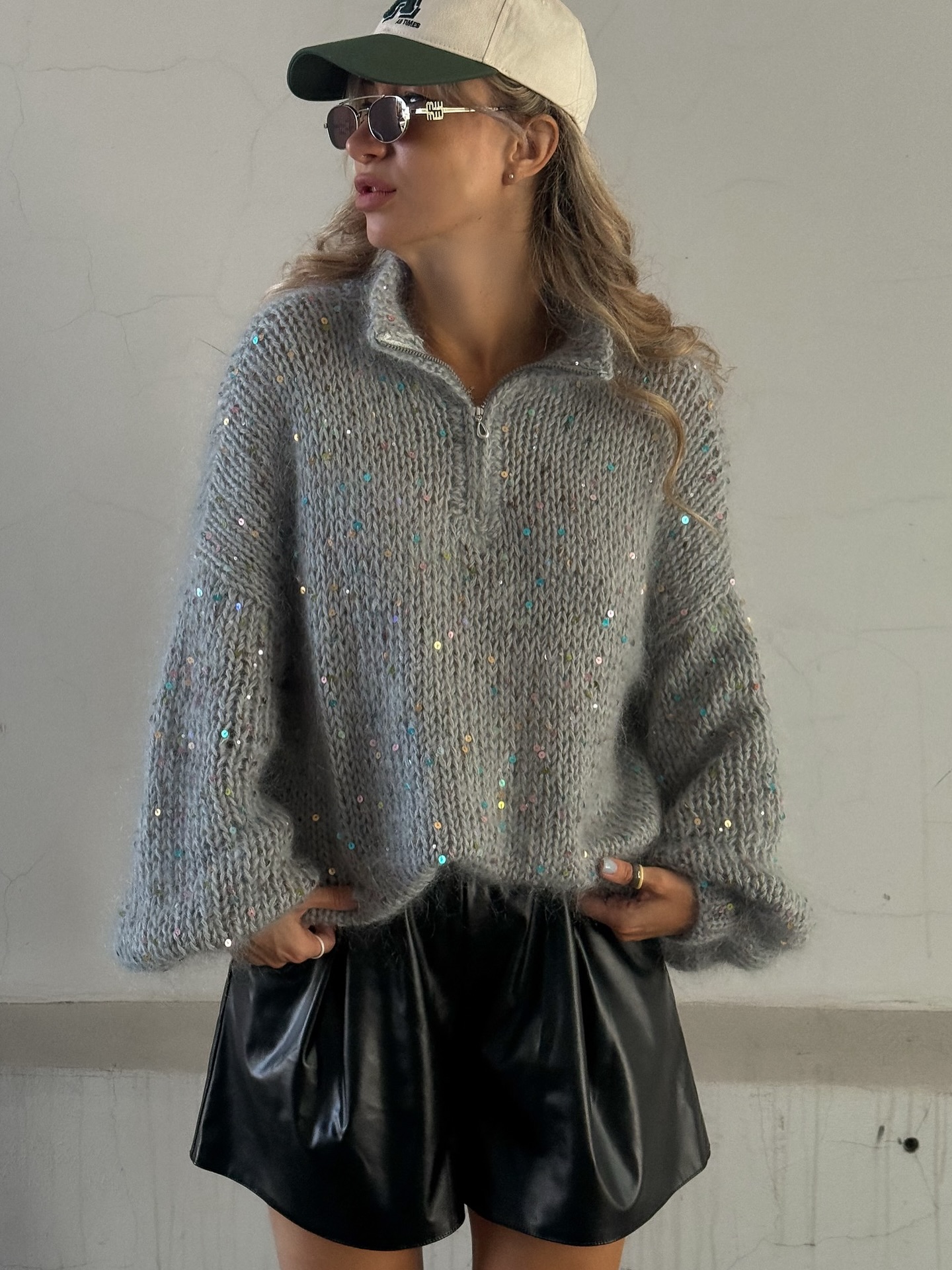 Sequin-Detailed Fuzzy Half-Zip Sweater