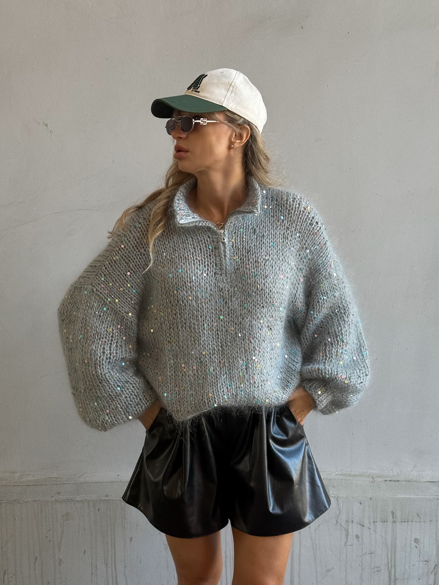 Sequin-Detailed Fuzzy Half-Zip Sweater