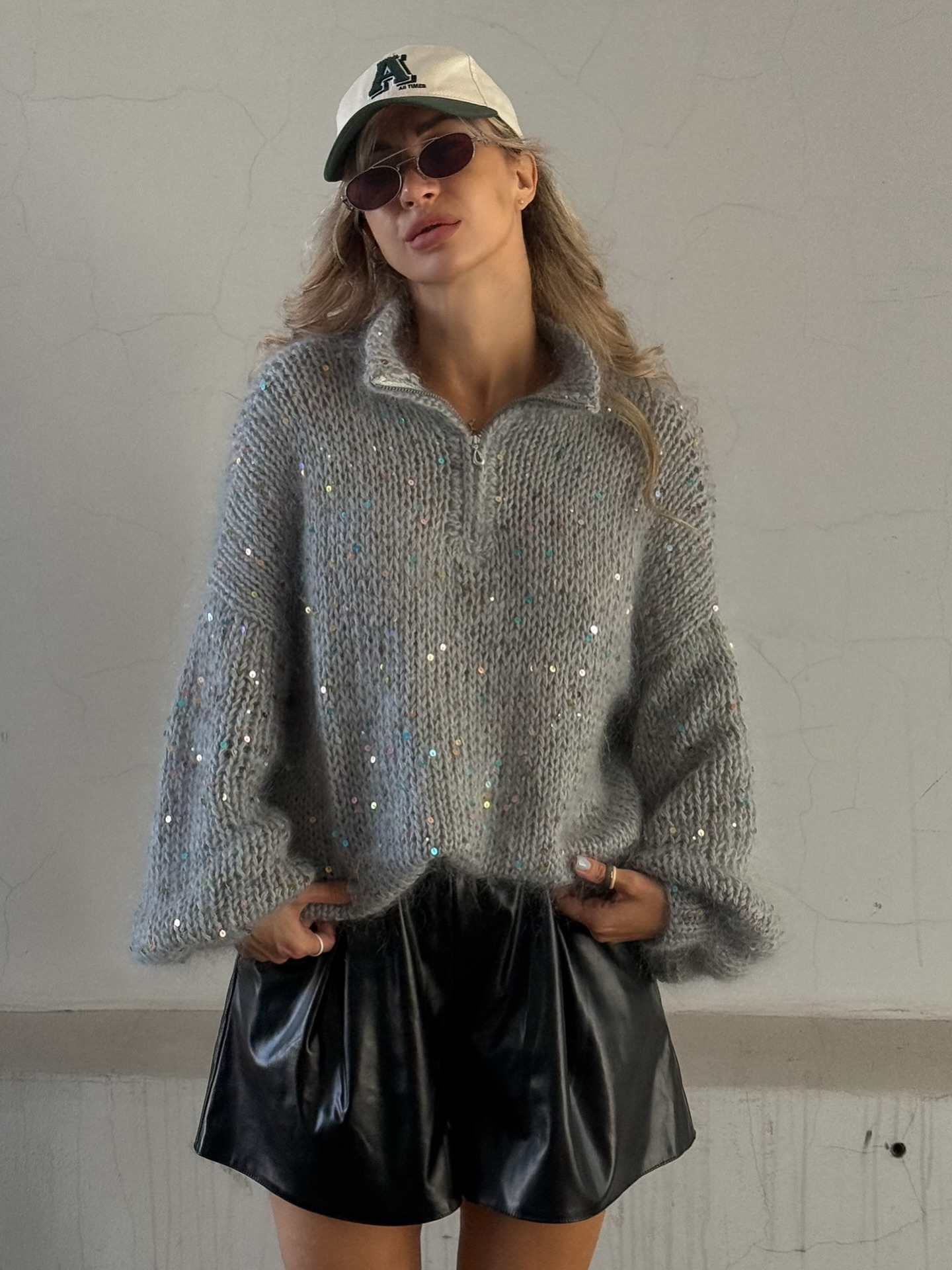 Sequin-Detailed Fuzzy Half-Zip Sweater