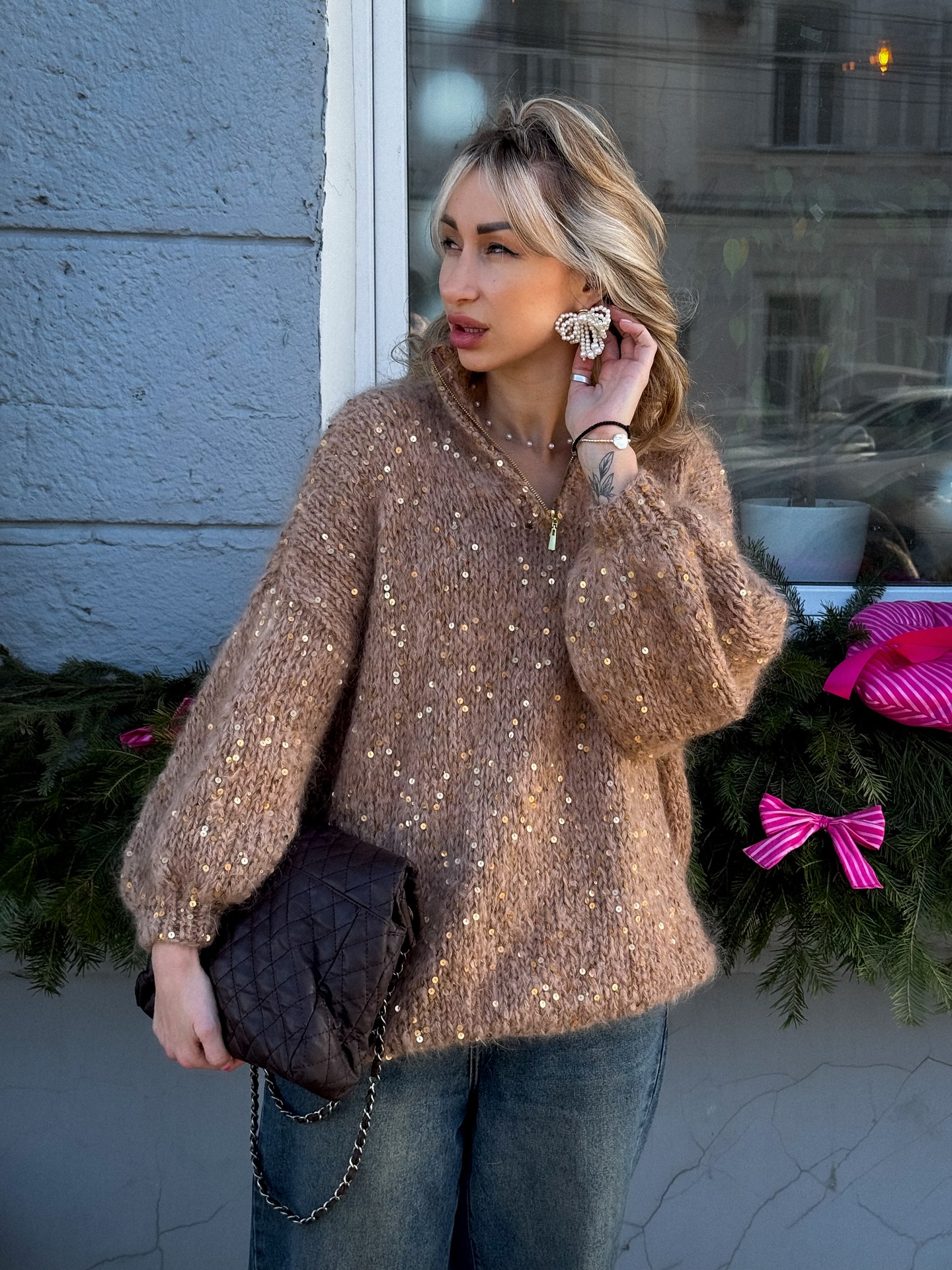 Sequin-Detailed Fuzzy Half-Zip Sweater