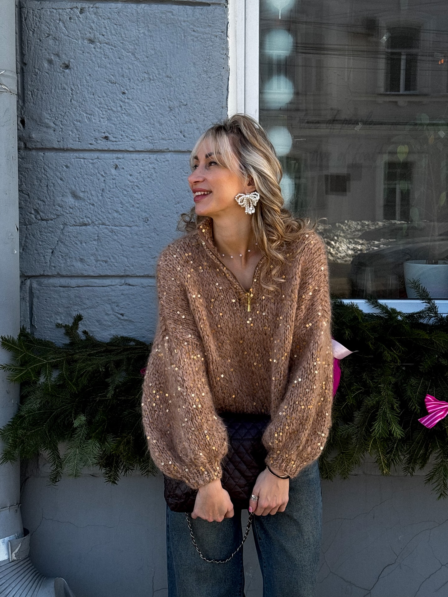 Sequin-Detailed Fuzzy Half-Zip Sweater