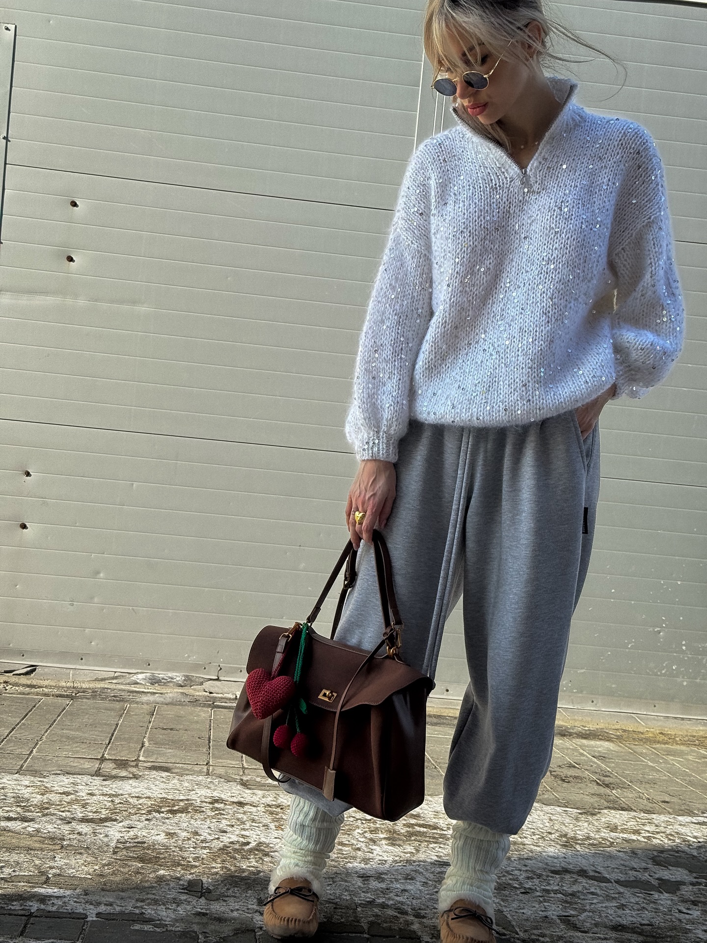 Sequin-Detailed Fuzzy Half-Zip Sweater