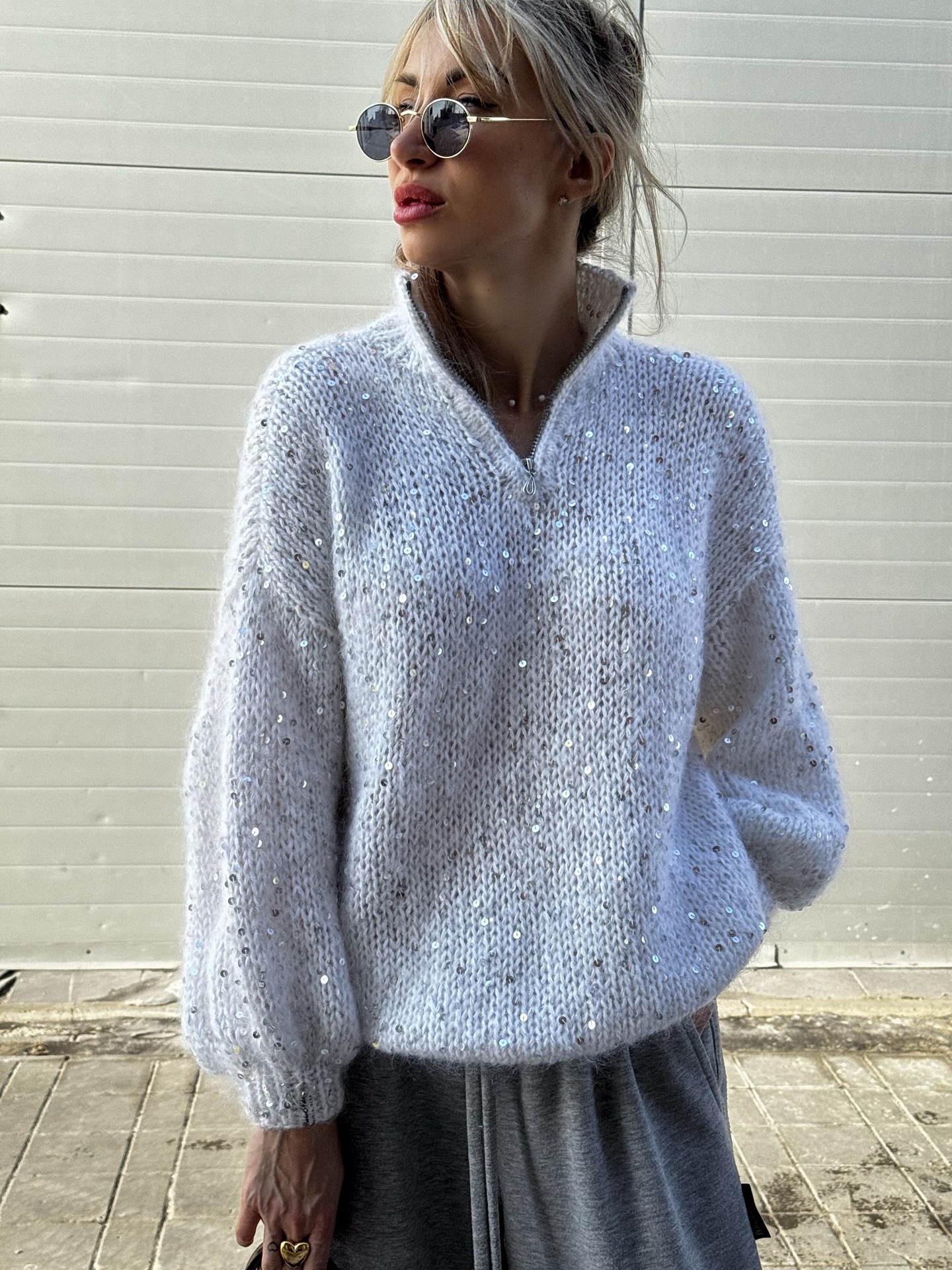 Sequin-Detailed Fuzzy Half-Zip Sweater