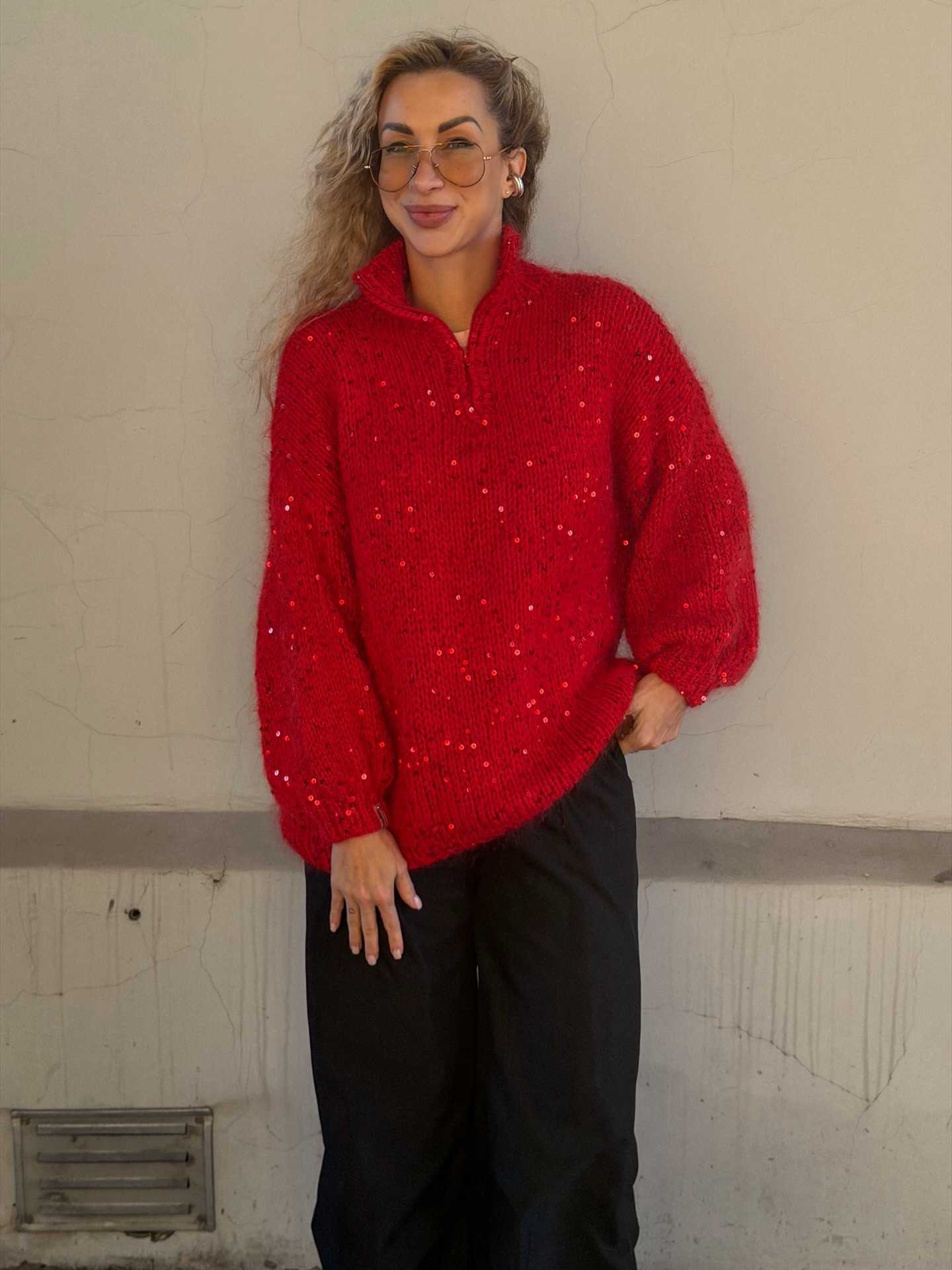 Sequin-Detailed Fuzzy Half-Zip Sweater