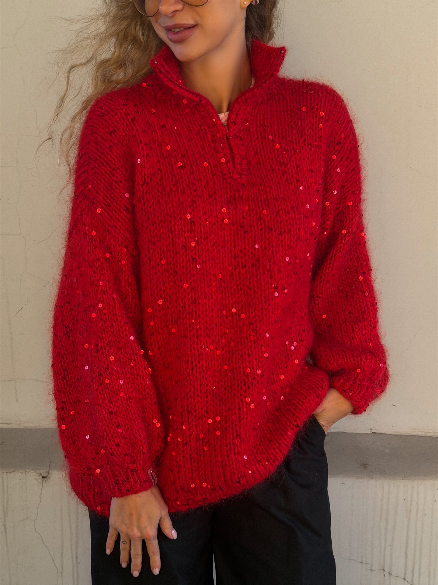 Sequin-Detailed Fuzzy Half-Zip Sweater