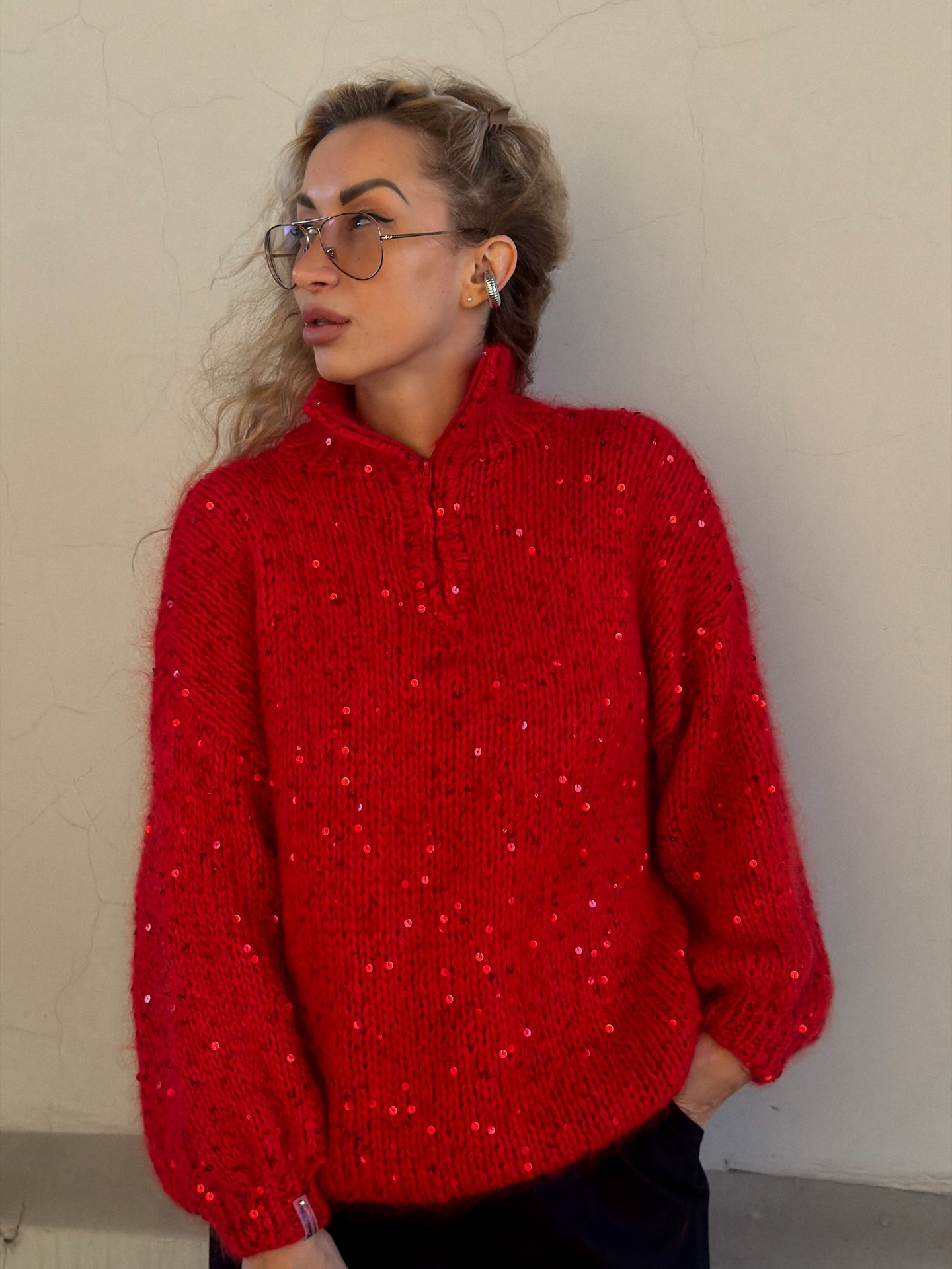 Sequin-Detailed Fuzzy Half-Zip Sweater