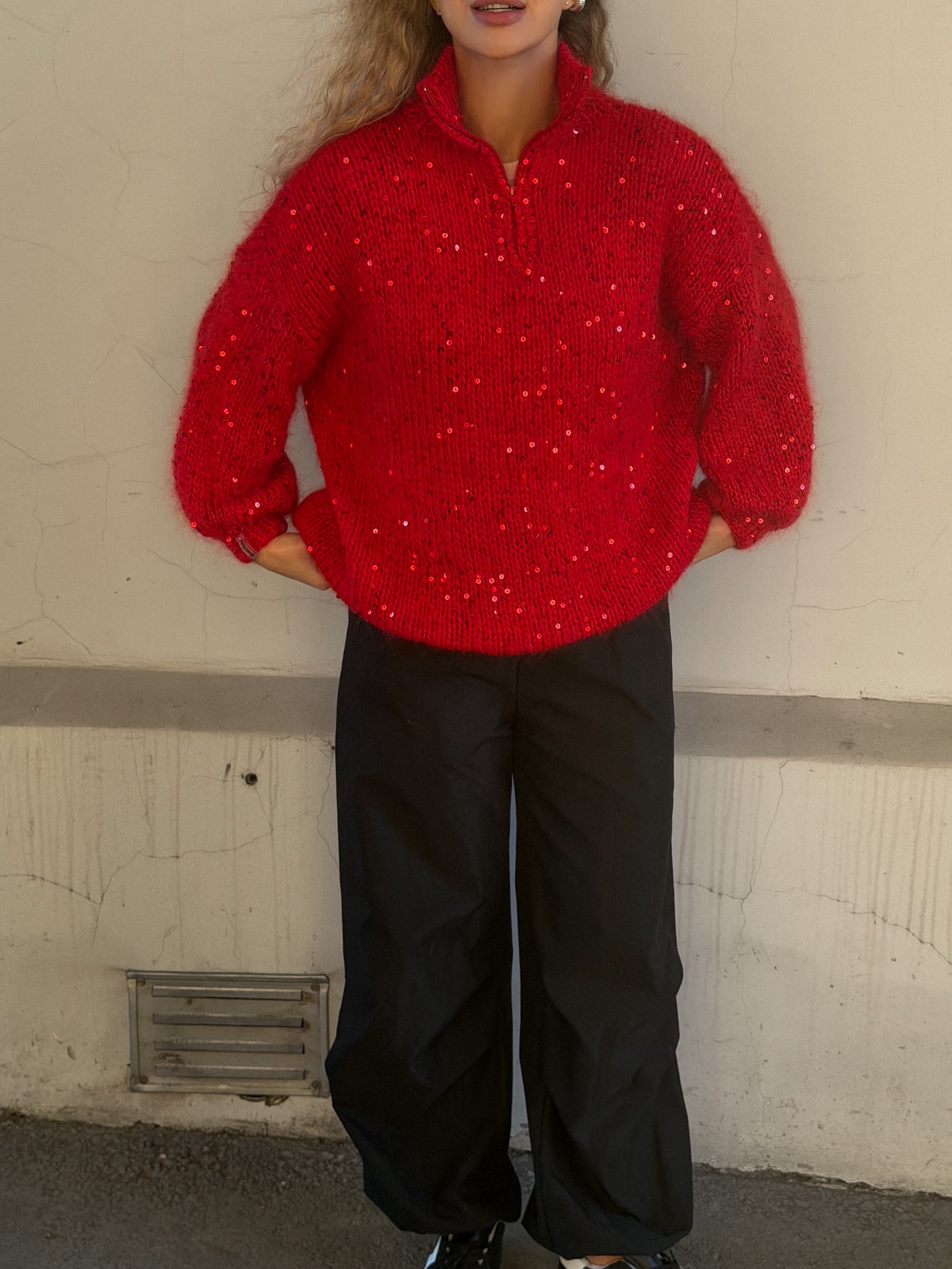 Sequin-Detailed Fuzzy Half-Zip Sweater