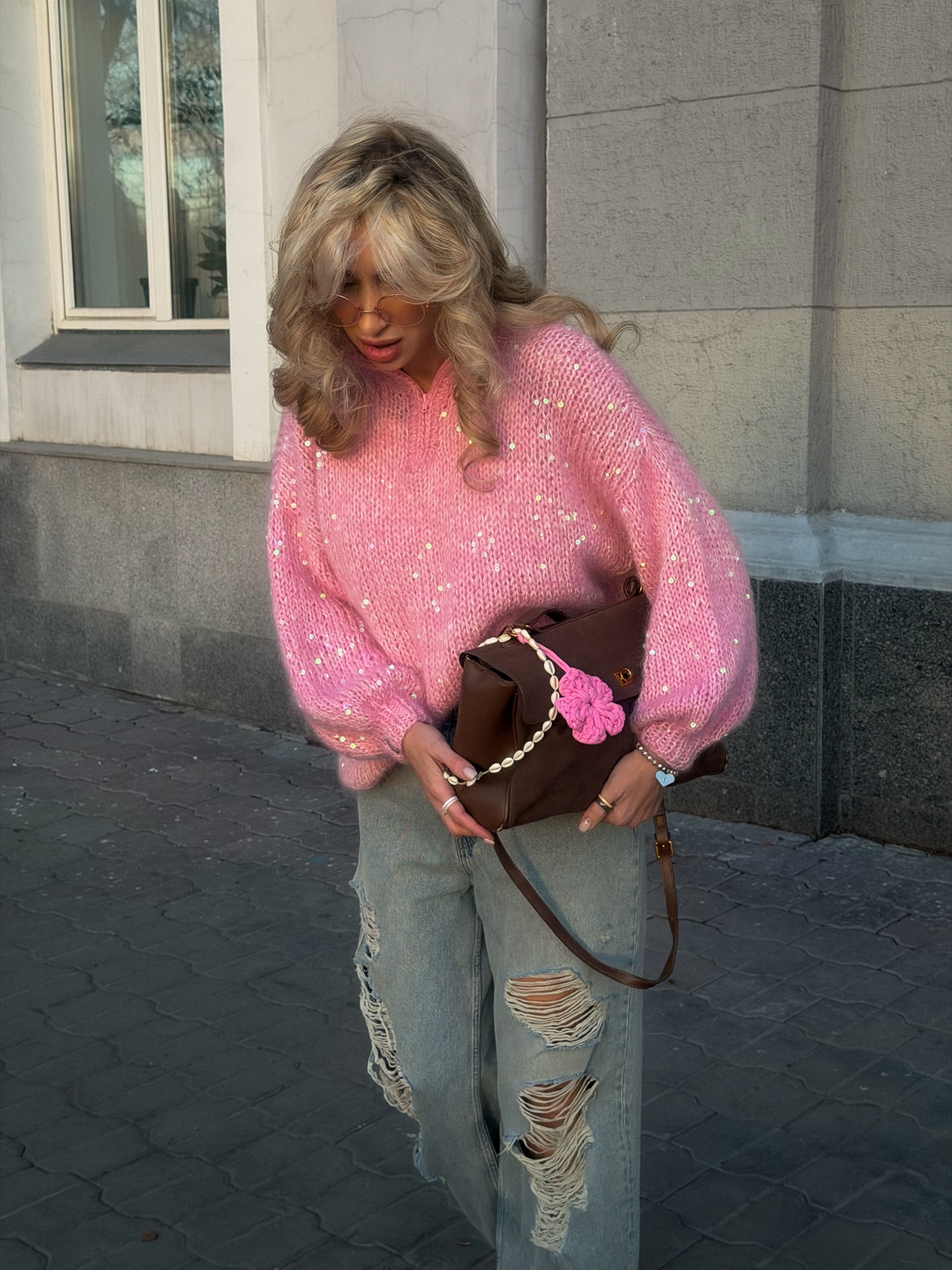 Sequin-Detailed Fuzzy Half-Zip Sweater