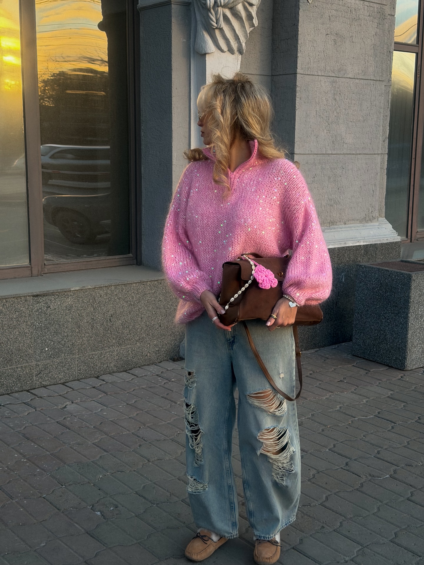 Sequin-Detailed Fuzzy Half-Zip Sweater