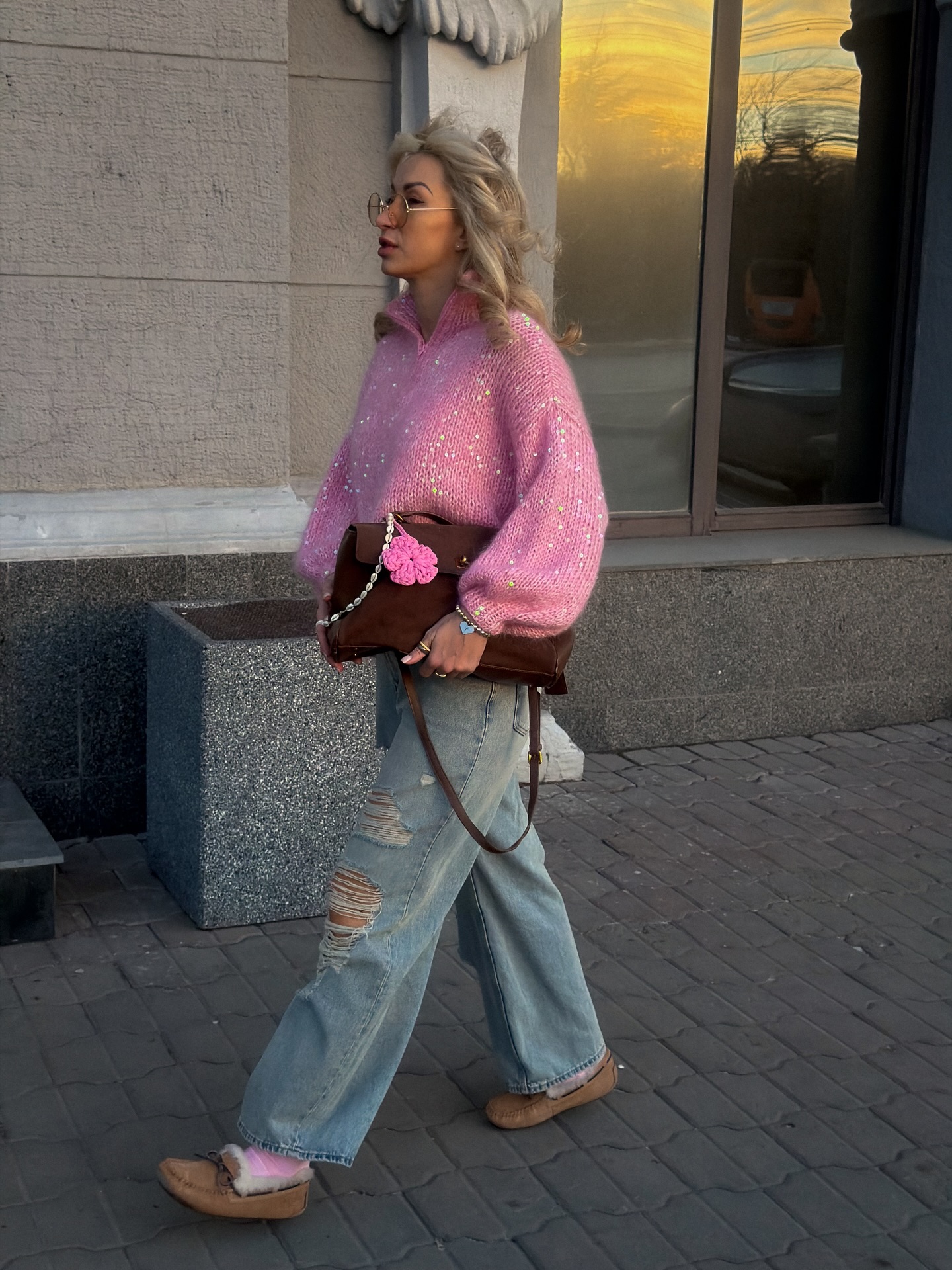 Sequin-Detailed Fuzzy Half-Zip Sweater