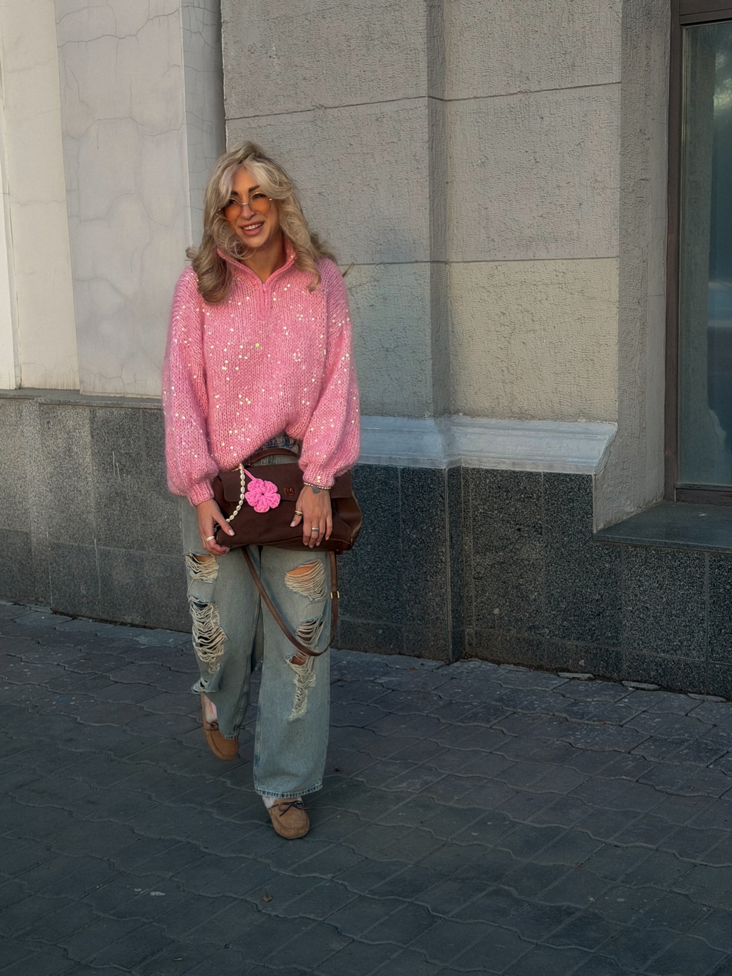 Sequin-Detailed Fuzzy Half-Zip Sweater