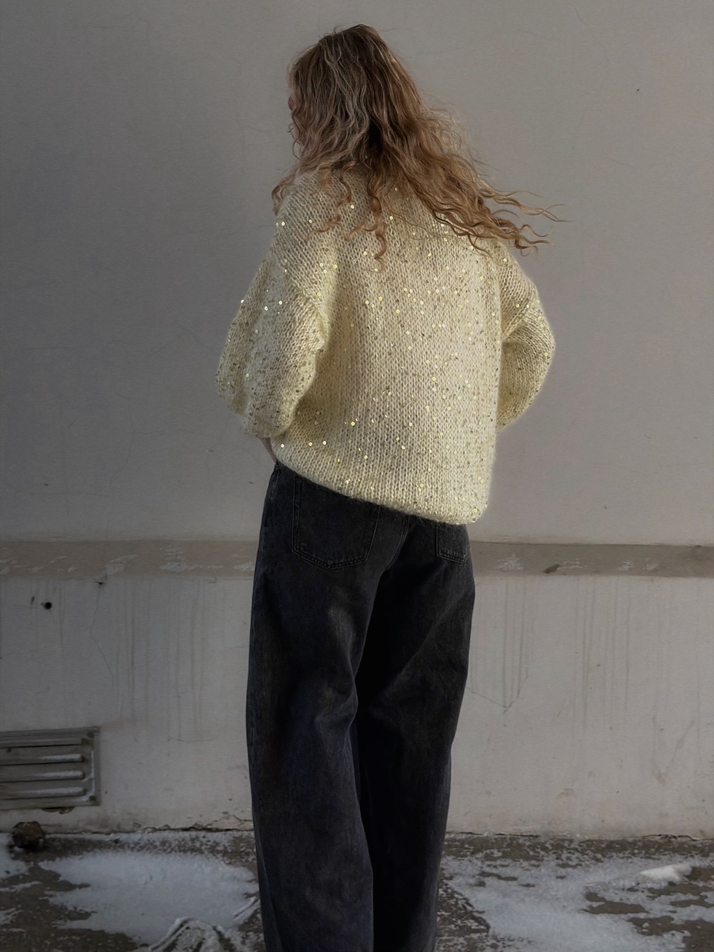 Sequin-Detailed Fuzzy Half-Zip Sweater