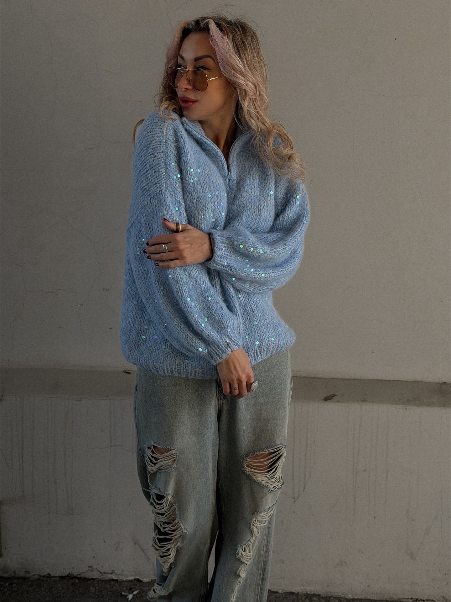 Sequin-Detailed Fuzzy Half-Zip Sweater