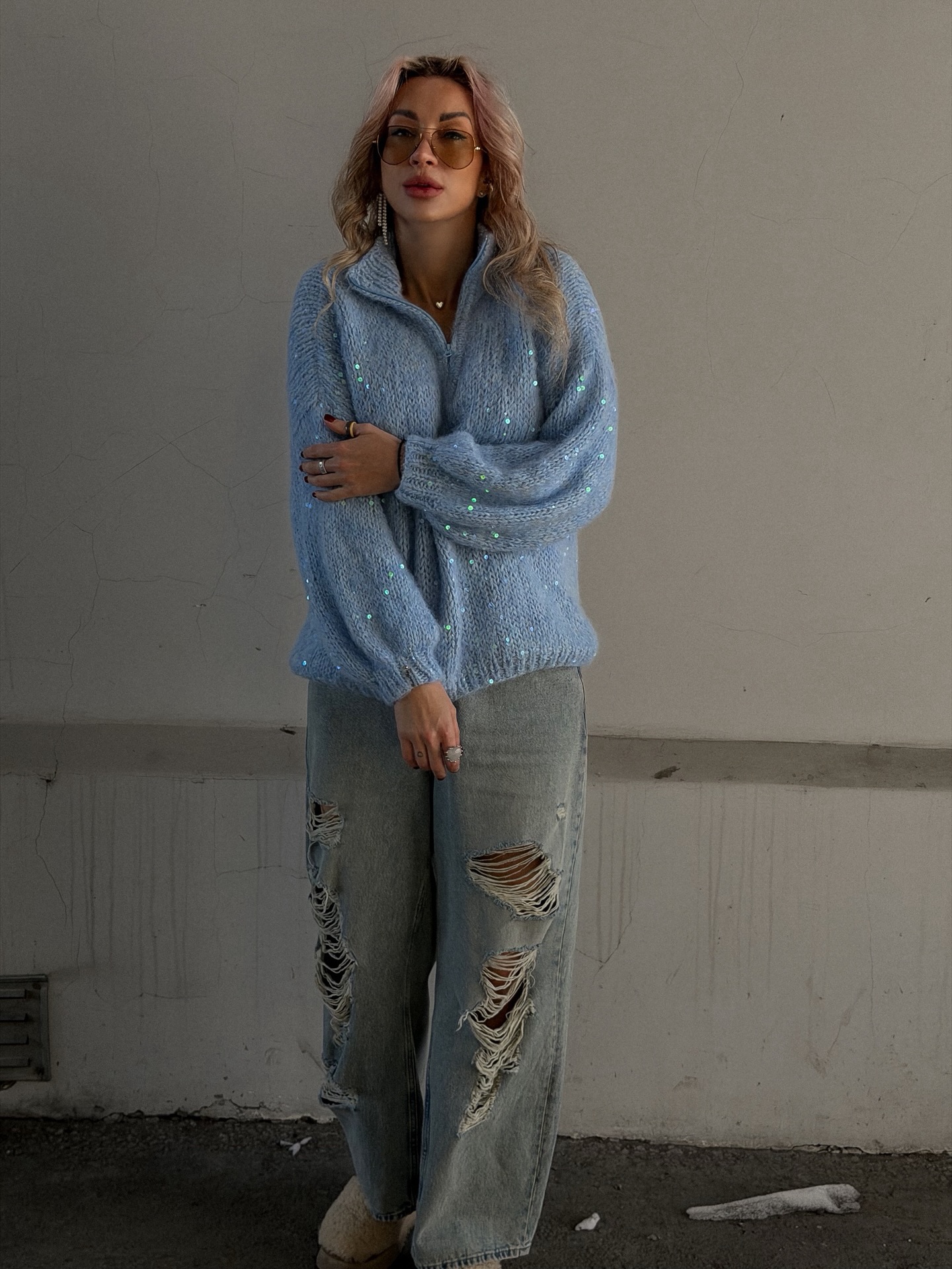 Sequin-Detailed Fuzzy Half-Zip Sweater