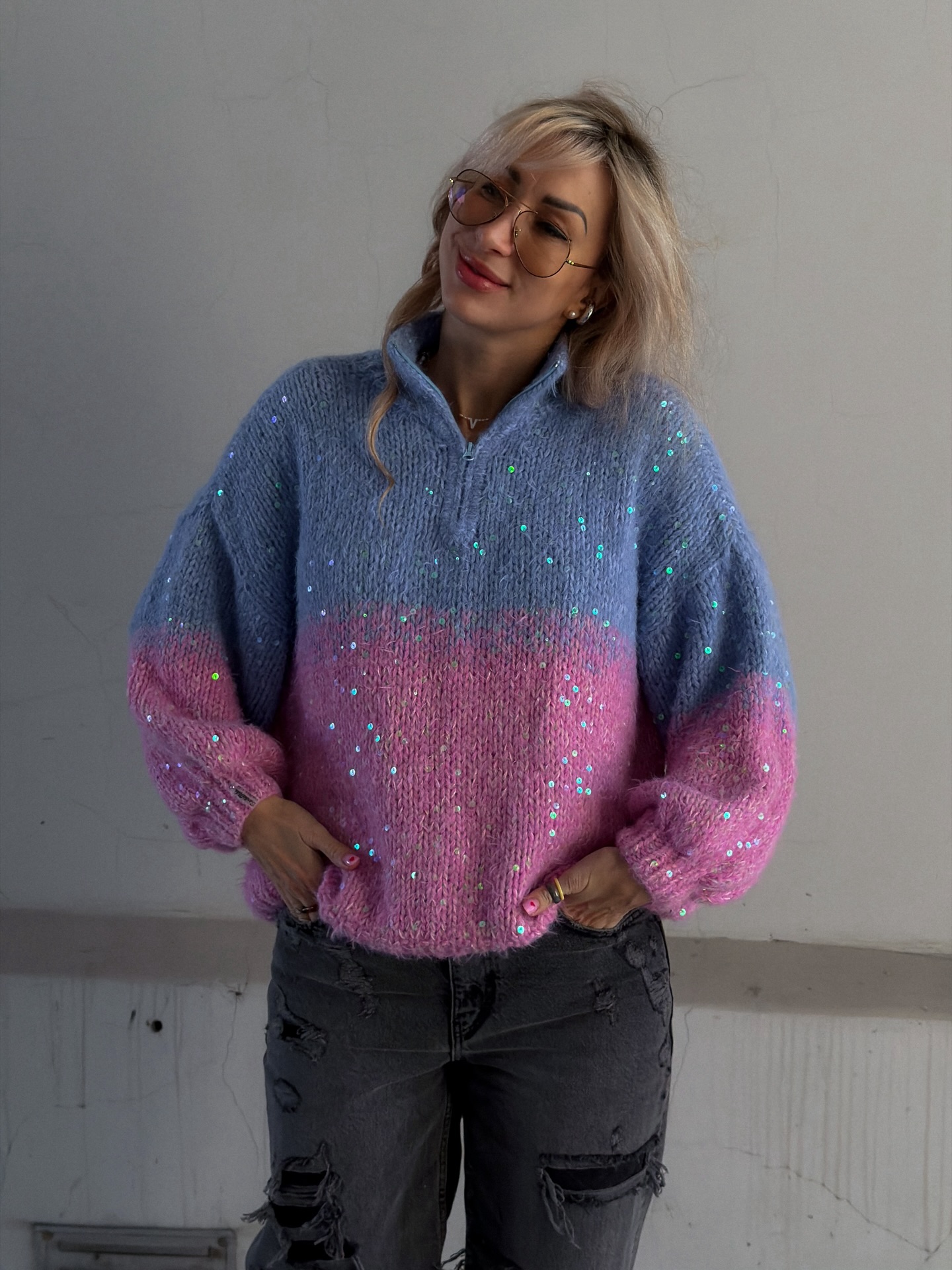 Sequin-Detailed Fuzzy Half-Zip Sweater