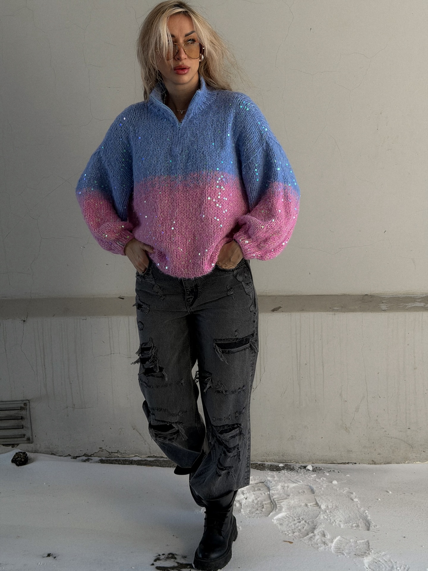 Sequin-Detailed Fuzzy Half-Zip Sweater