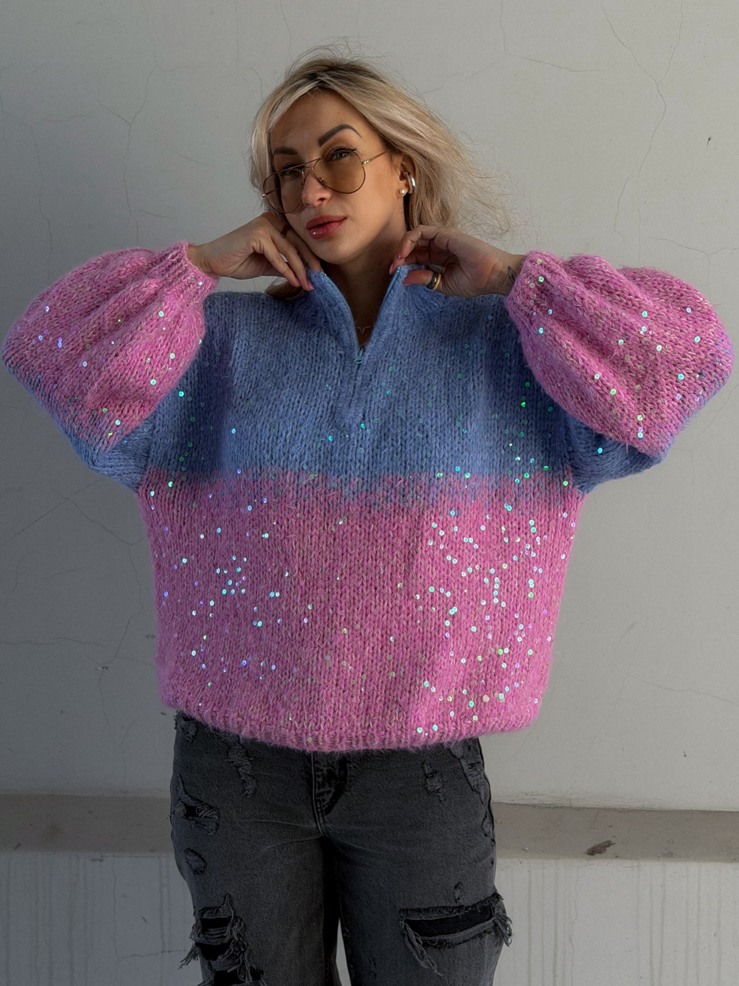 Sequin-Detailed Fuzzy Half-Zip Sweater