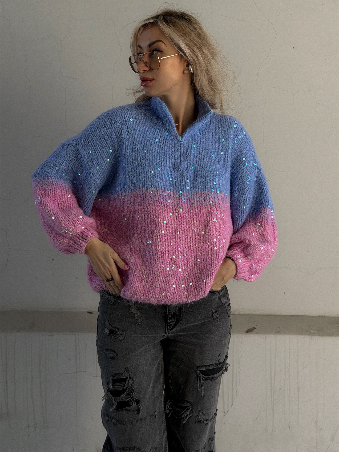 Sequin-Detailed Fuzzy Half-Zip Sweater