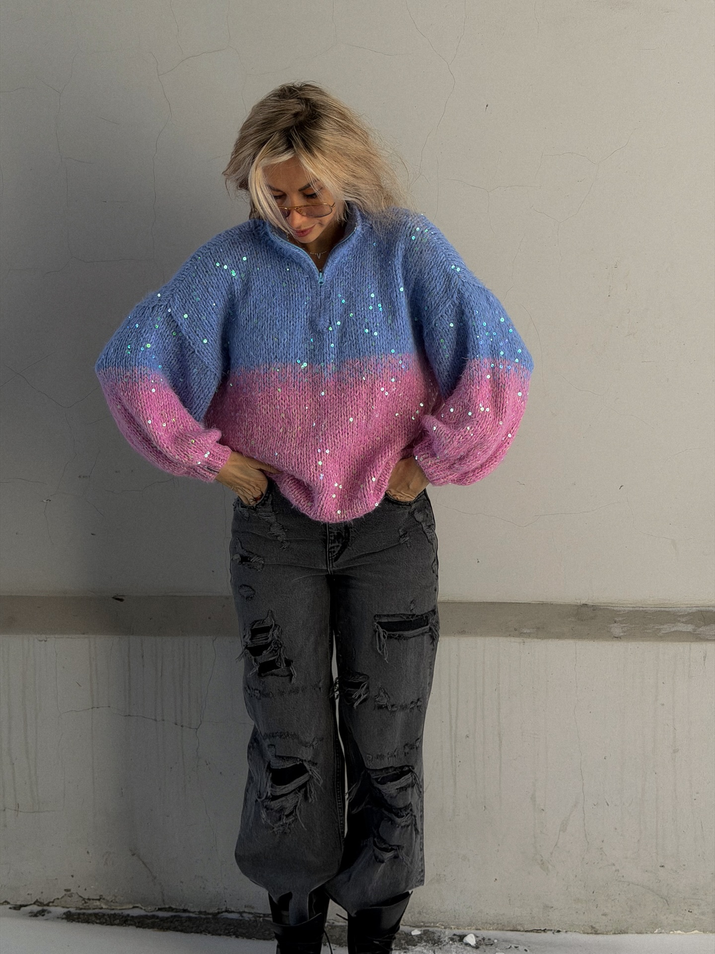 Sequin-Detailed Fuzzy Half-Zip Sweater