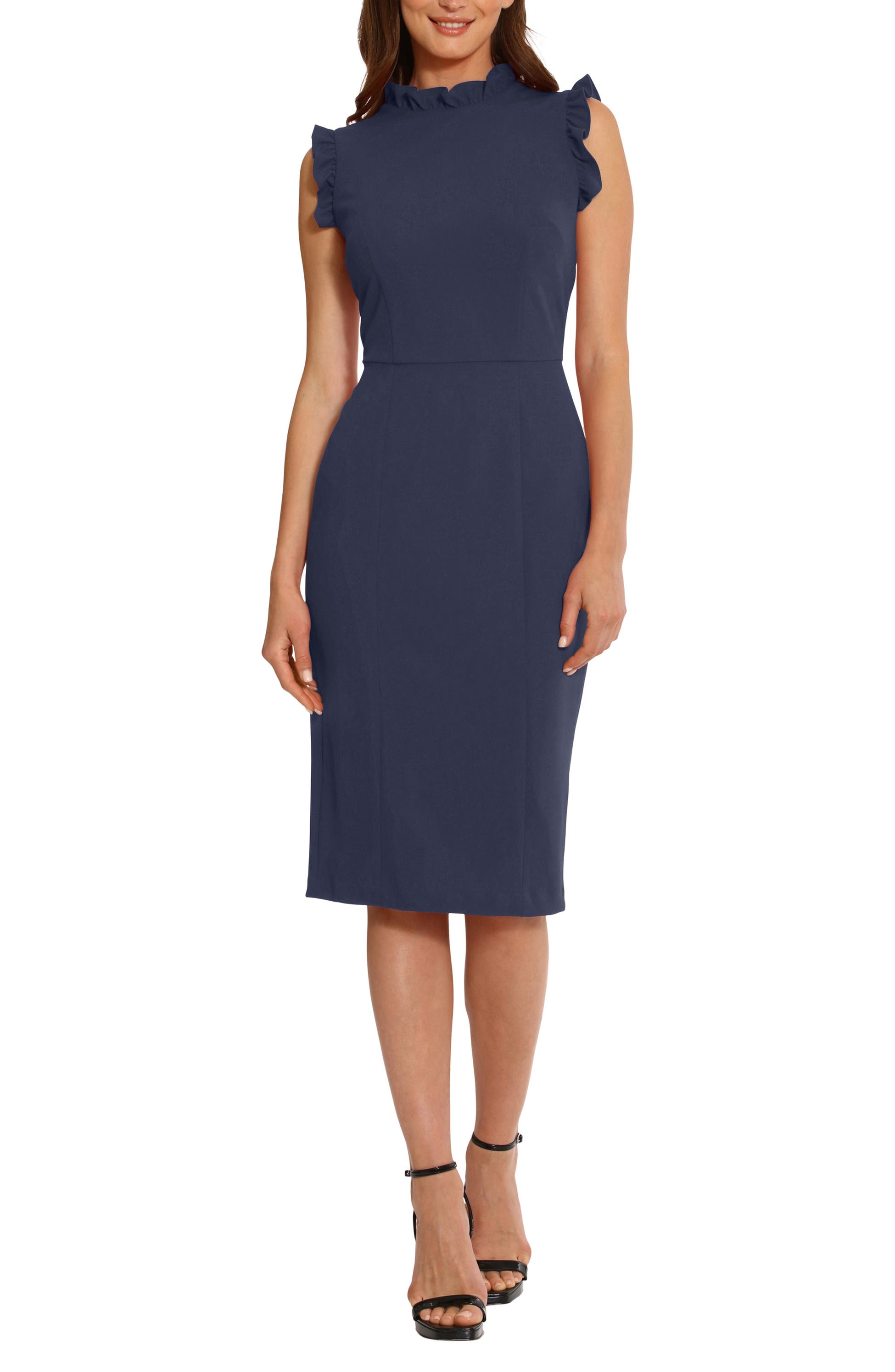 Ruffle Mock Neck Sheath Dress