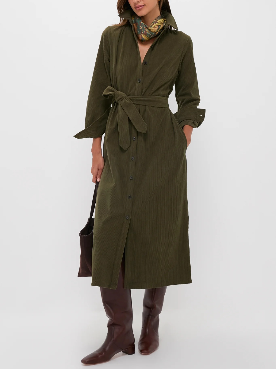 Olive Wide Wale Corduroy Tara Shirt Dress