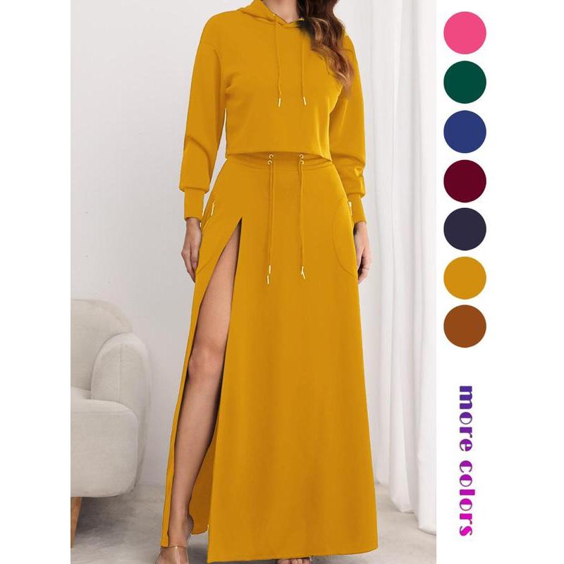 Solid Drawstring Hoodie & Split Thigh Skirt Set